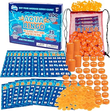 لعبة الغوص Aqua Pool Bingo للبالغين والأطفال - السباحة والاتصال بـ 75 رقمًا غارقًا، املأ بطاقتك للفوز - تتضمن 200 شريحة علامة، 10 بطاقات لعب مقاومة للماء، متعة الشواء الصيفية، لعبة نشاط حفلة الشاطئ