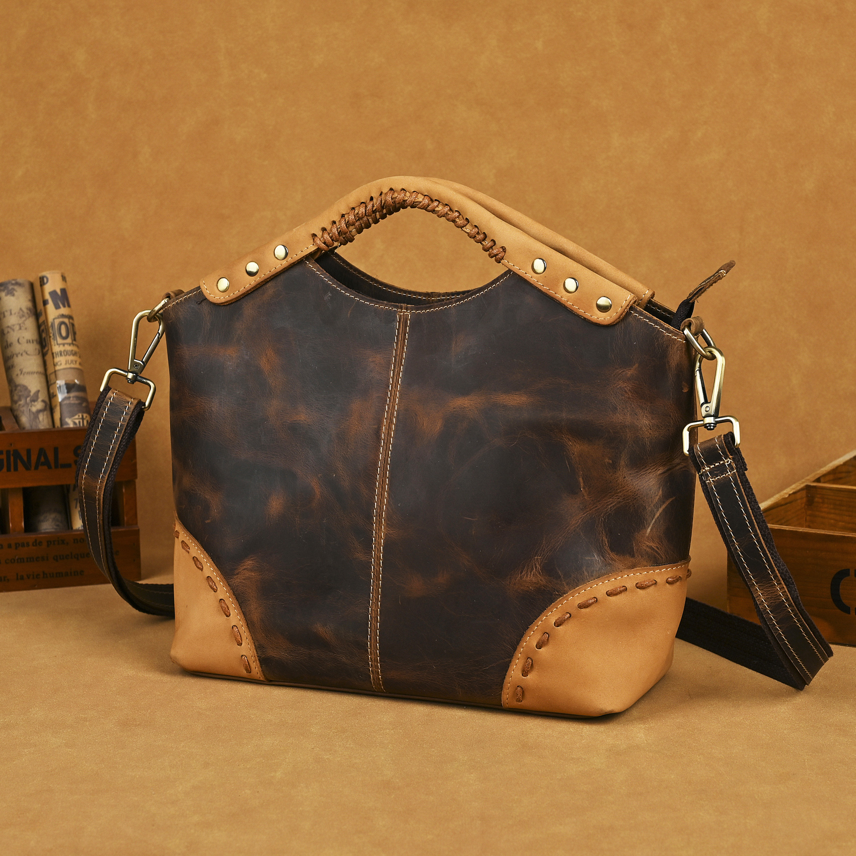 Handadsume Thick Genuine Crazy Horse Leather Satchel Crossbody