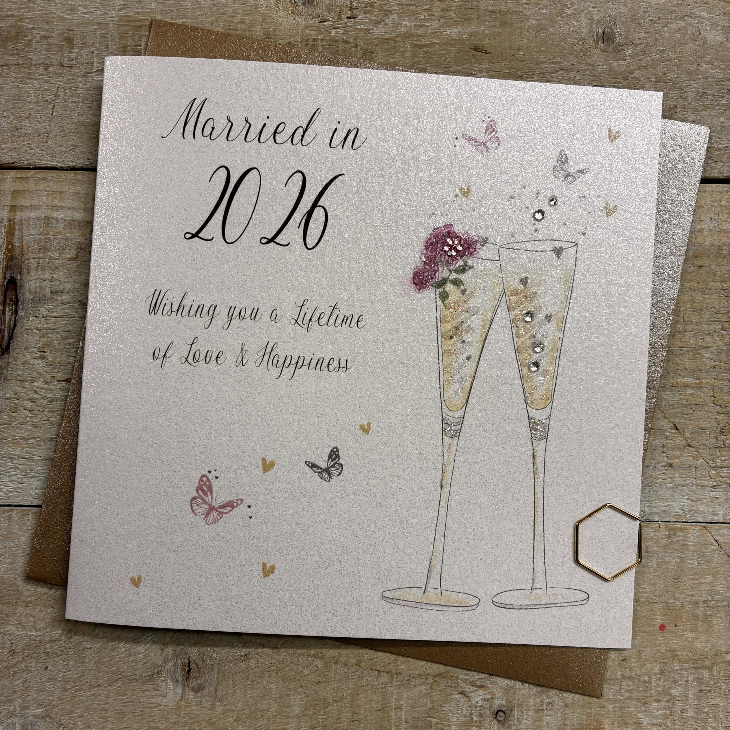 WHITE COTTON CARDS MARRIED IN 2026 - FLUTES & FLOWERS WEDDING CARD HAND FINISHED (D491)