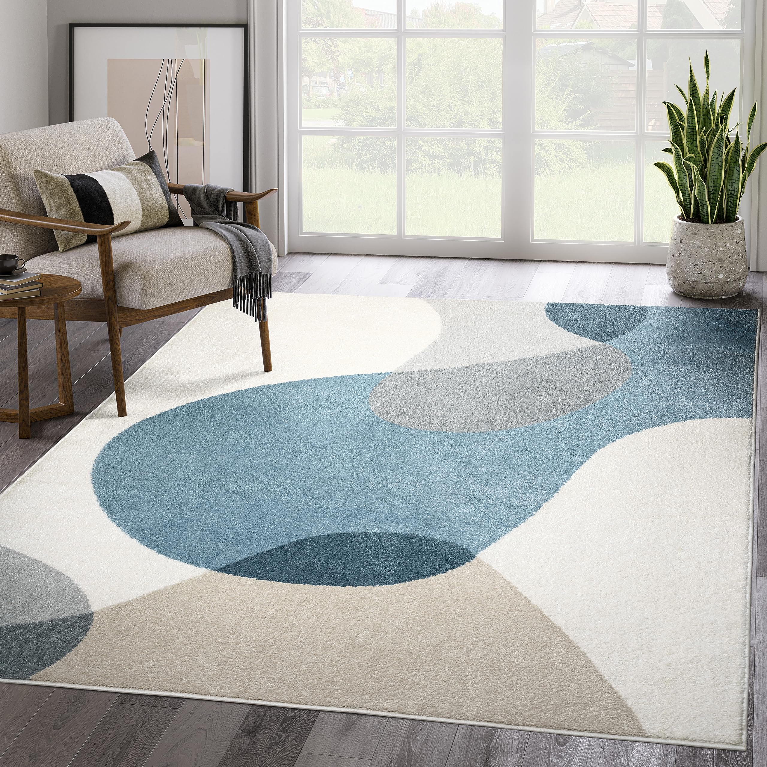 Abani Deco Collection Area Rug - Cream/Blue Mid-Century Design -5'3" x 7'6"(5'x8') - Easy to Clean - Durable for Kids and Pets - Non-Shedding - Medium