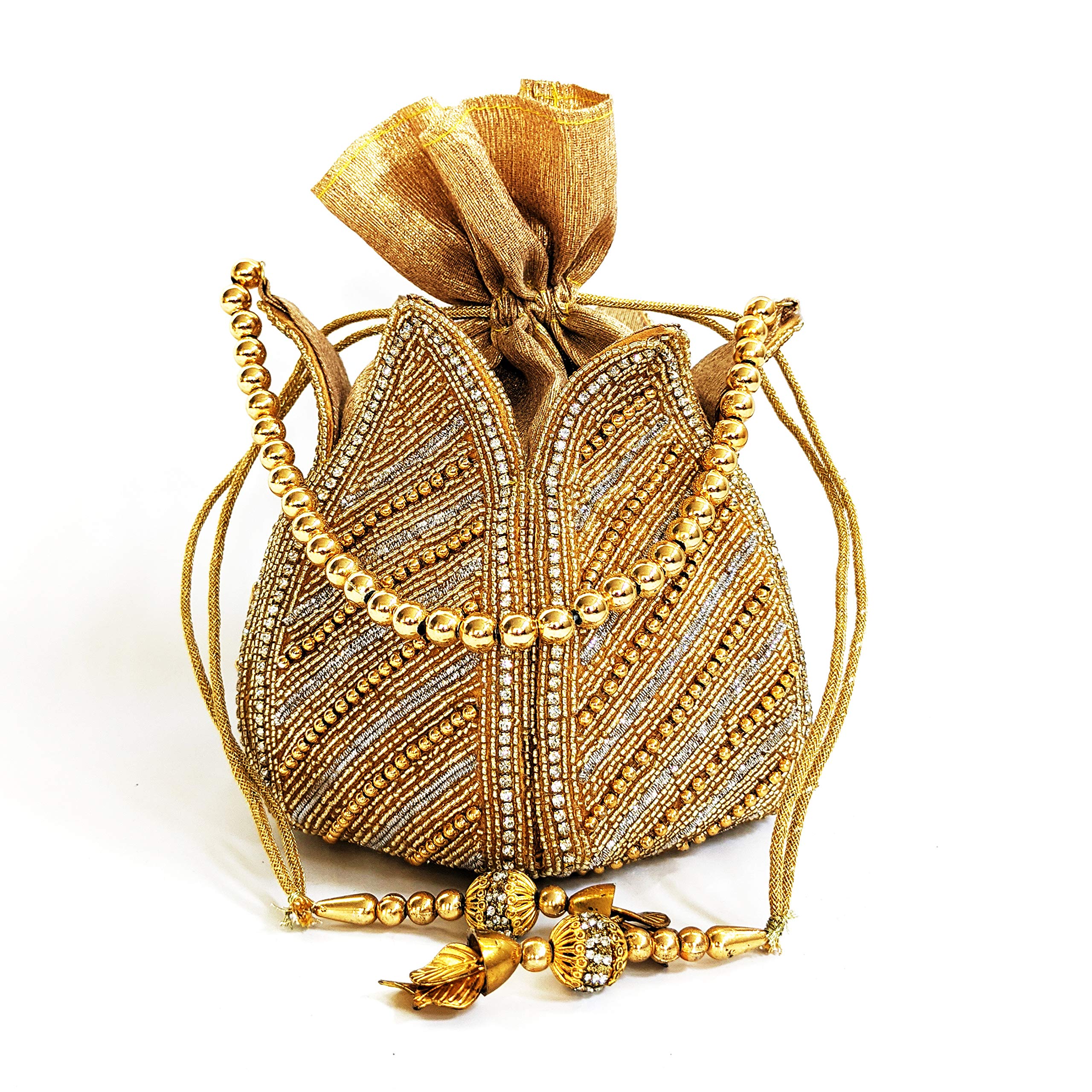 Handmade Indian Potli Drawstring Bag, Beaded Gold Evening Bag For Women For Weddings And Parties
