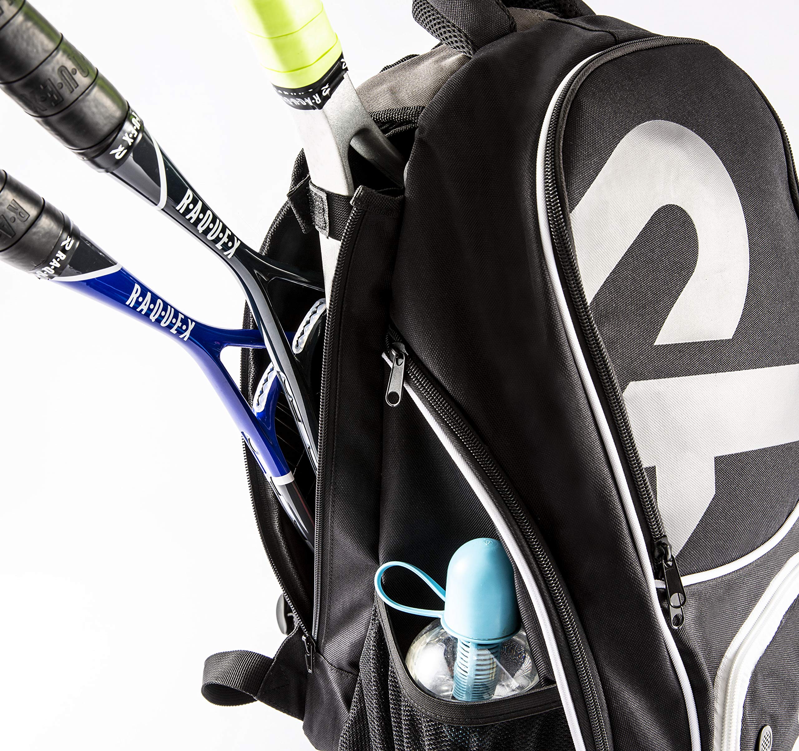 Raquex Sac à Dos de Sport pour Raquette de Tennis ou 2 Raquettes de Squash ou Badminton Sac à Dos pour Raquettes + Chaussures + Ordinateur Portable + Gourde