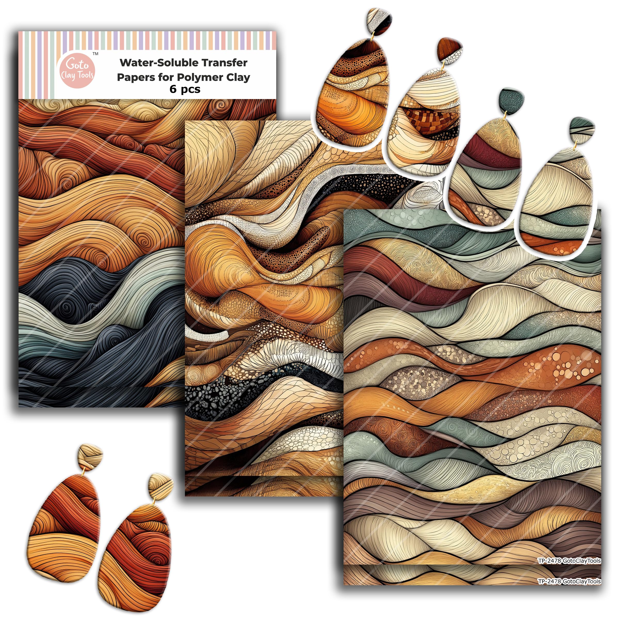 GOTO CLAY TOOLS Zentangle Transfer Paper - 6 Pcs, Transfer Paper for Polymer Clay, Earth tone Polymer Clay Transfer Sheet for Jewelry Making ZEN-R1TP2