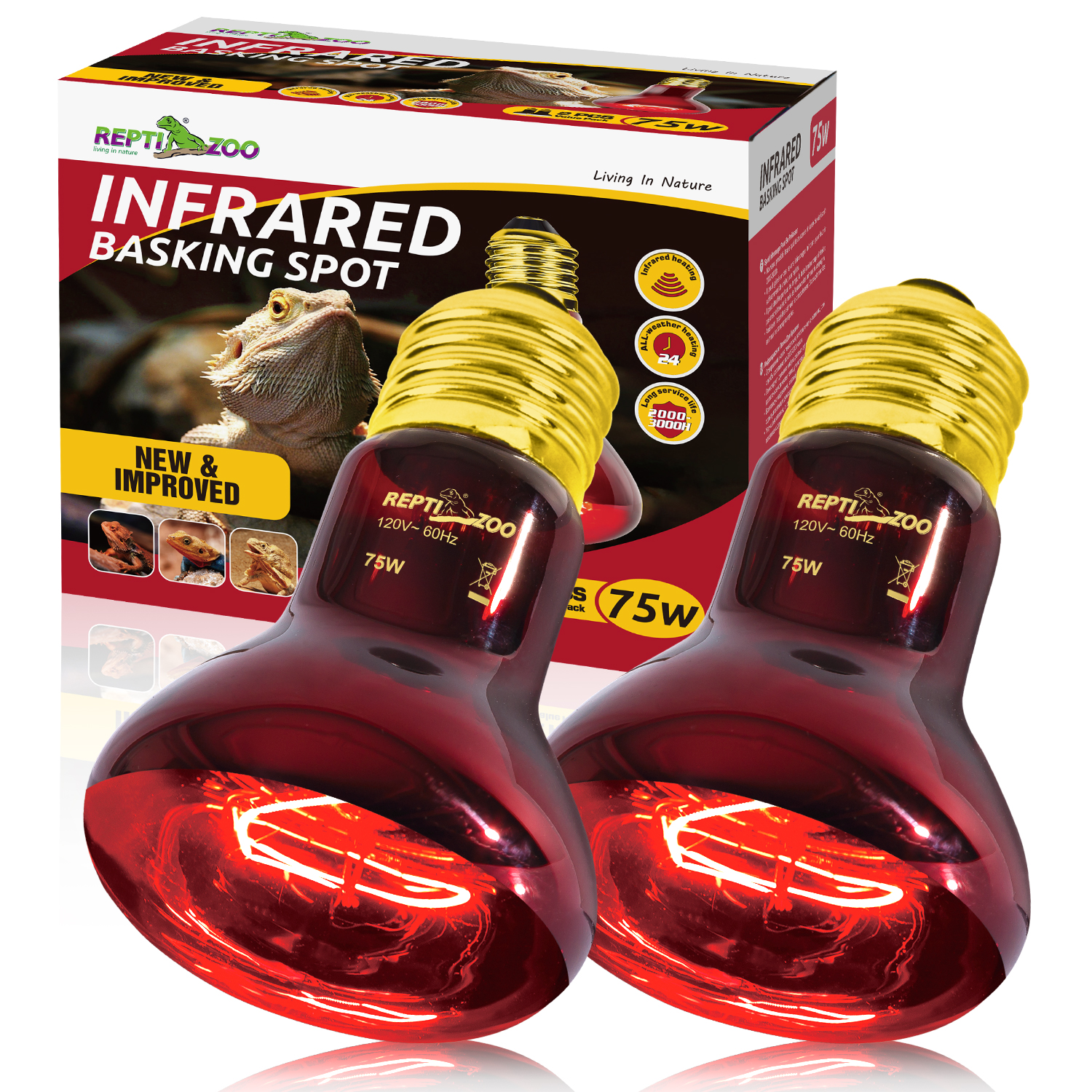 Image of REPTI ZOO 75W Reptile Heat Lamp Bulb 2PCS Infrared Heat Emitter Red Heat Lamp for Reptile Amphibian, Infrared Basking Spot Light Bulb