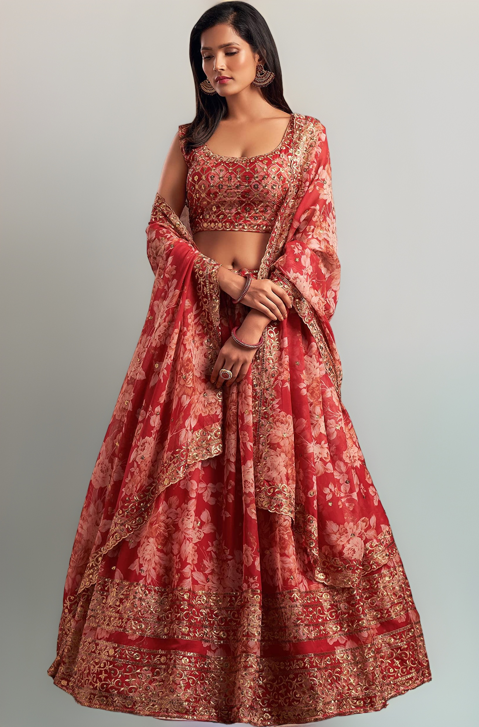 Zeel Clothing Women's Organza Floral White Semi-Stitched Lehenga Choli (7611-Wedding-Floral-Lehenga-Latest, White)