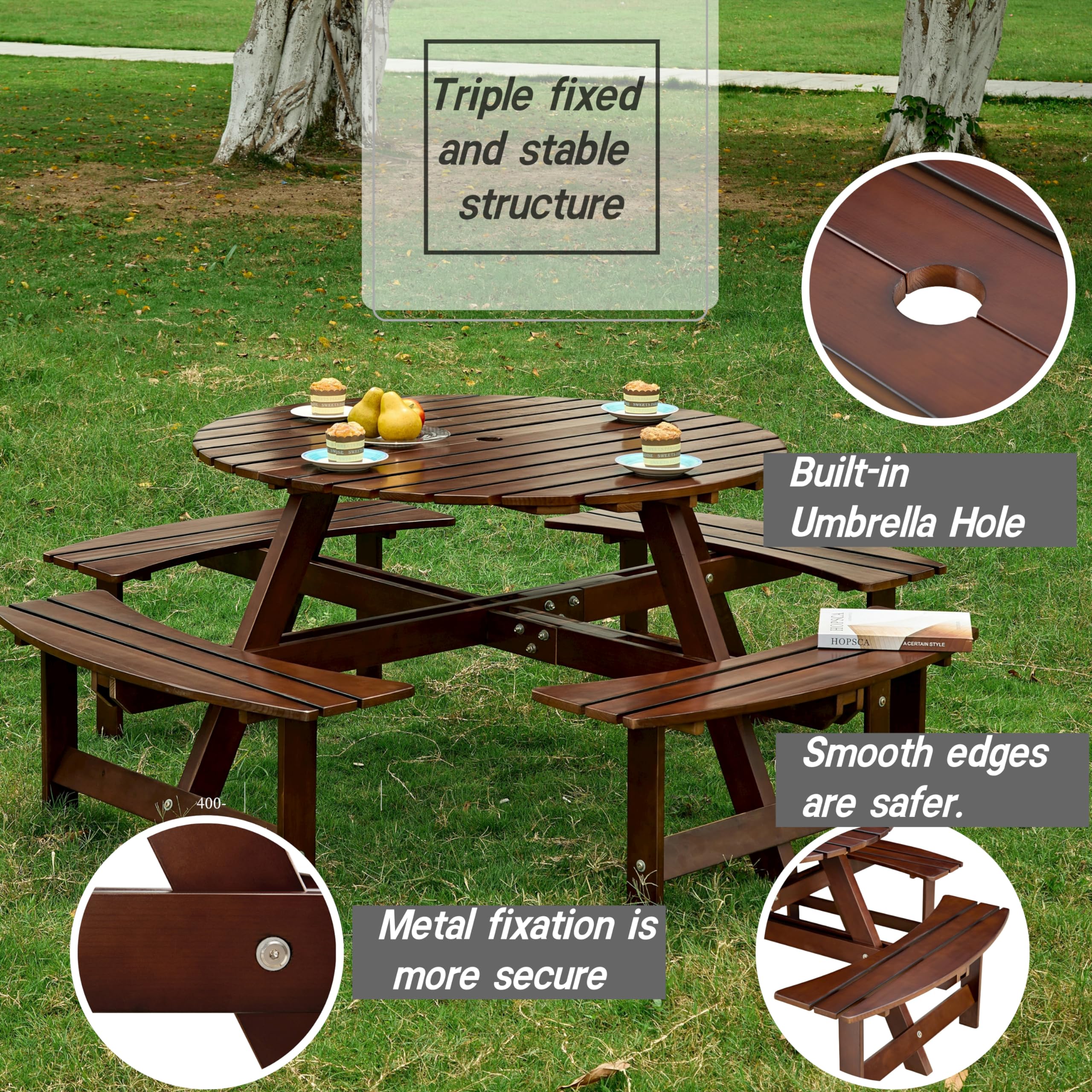 Ensemble table de salle à manger ronde en bois pour 8 personnes avec 8 chaises et bancs intégrés, trou pour parasol, idéal pour les réunions de jardin et de jardin