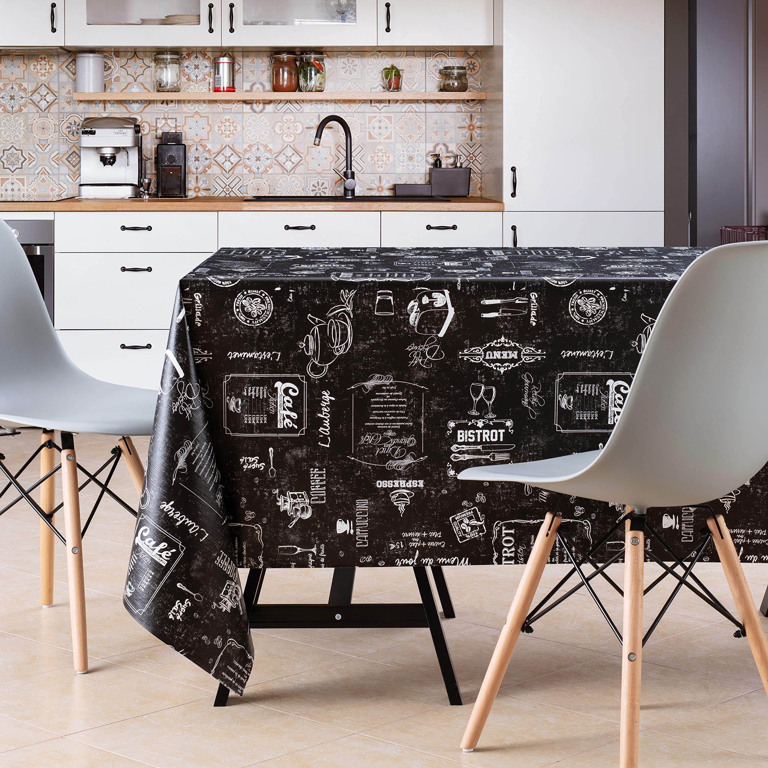 KP HOME Tovaglia Plastificata Rettangolare 250x140 cm, Tovaglia Cerata per Tavolo da 8 Posti, in PVC Facile da Pulire, Impermeabile, per Uso Interno ed Esterno, con Motivo Caffetteria Effetto Lavagna