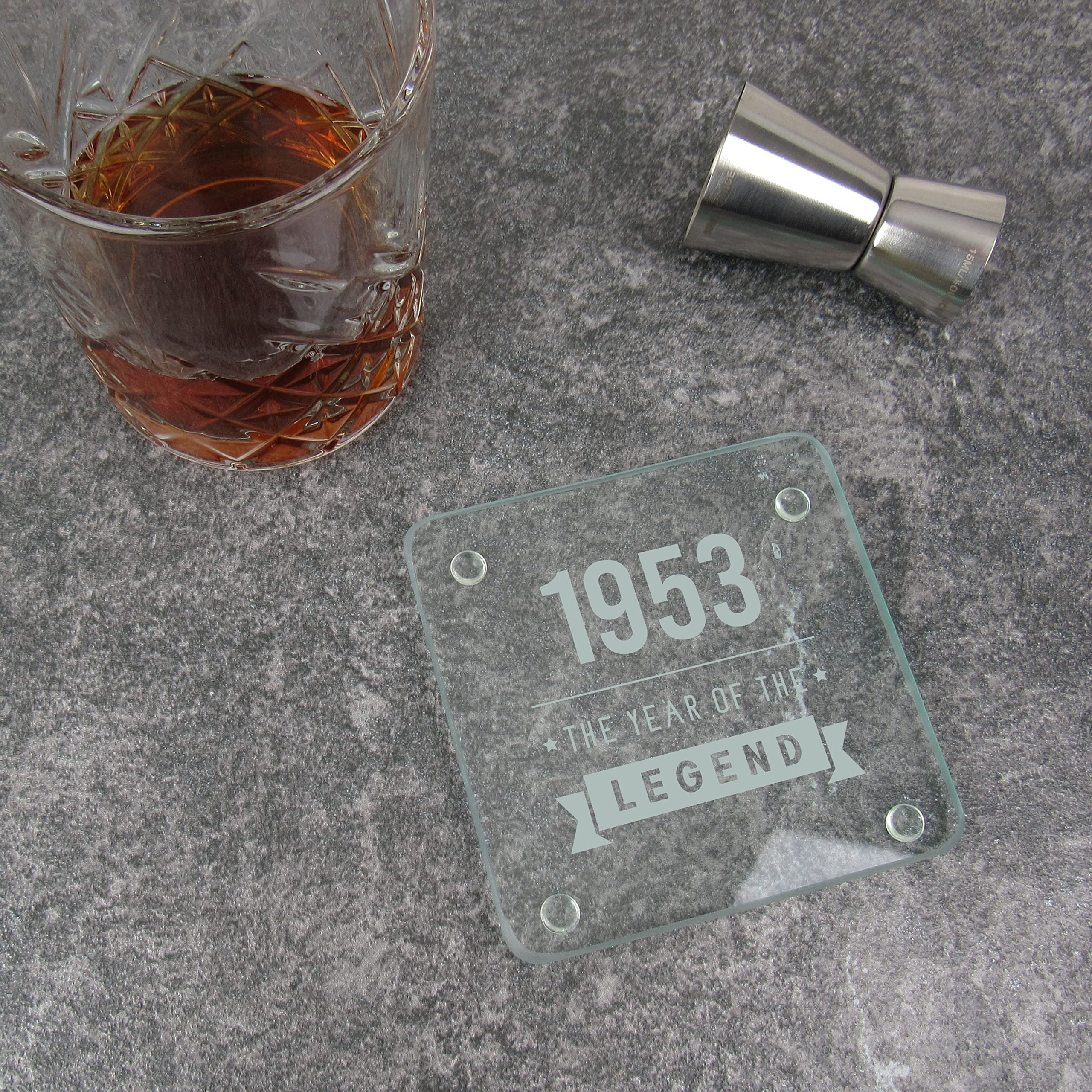 eBuyGB Engraved Square Glass Coaster -1953 Year of The Legend Design - 70th Birthday Gifts for Him, Men - Gift for Dad, Grandad, Friend - Drinks Mat, Placemat