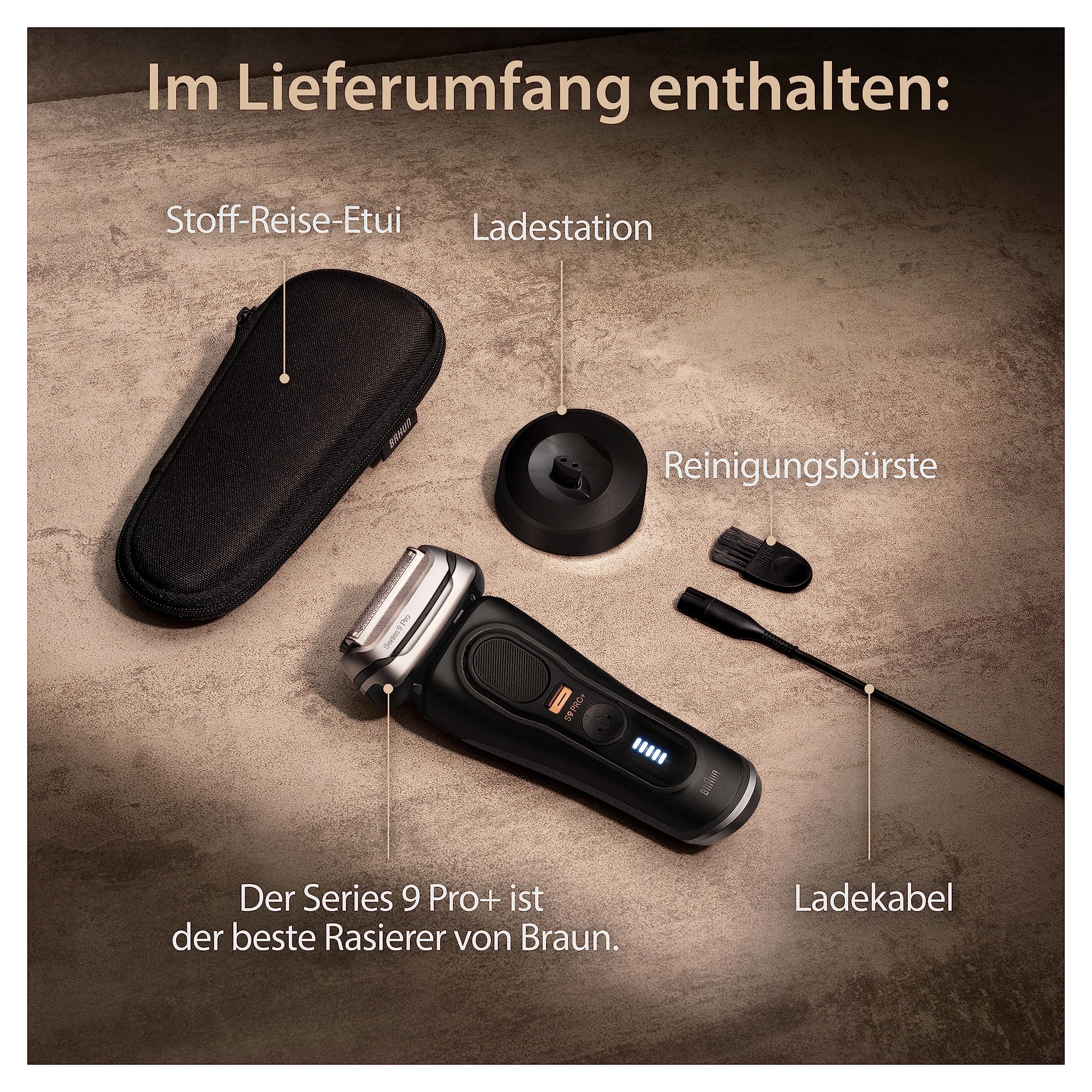 Braun Series 9 Pro+ Rasierer Herren Elektrisch, Elektrorasierer mit 5 Rasierelementen, Rasierapparat, Langhaarschneider ProTrimmer, Ladestation, 60 Min Akku, Wet&Dry, Made in Germany, 9510s, Schwarz