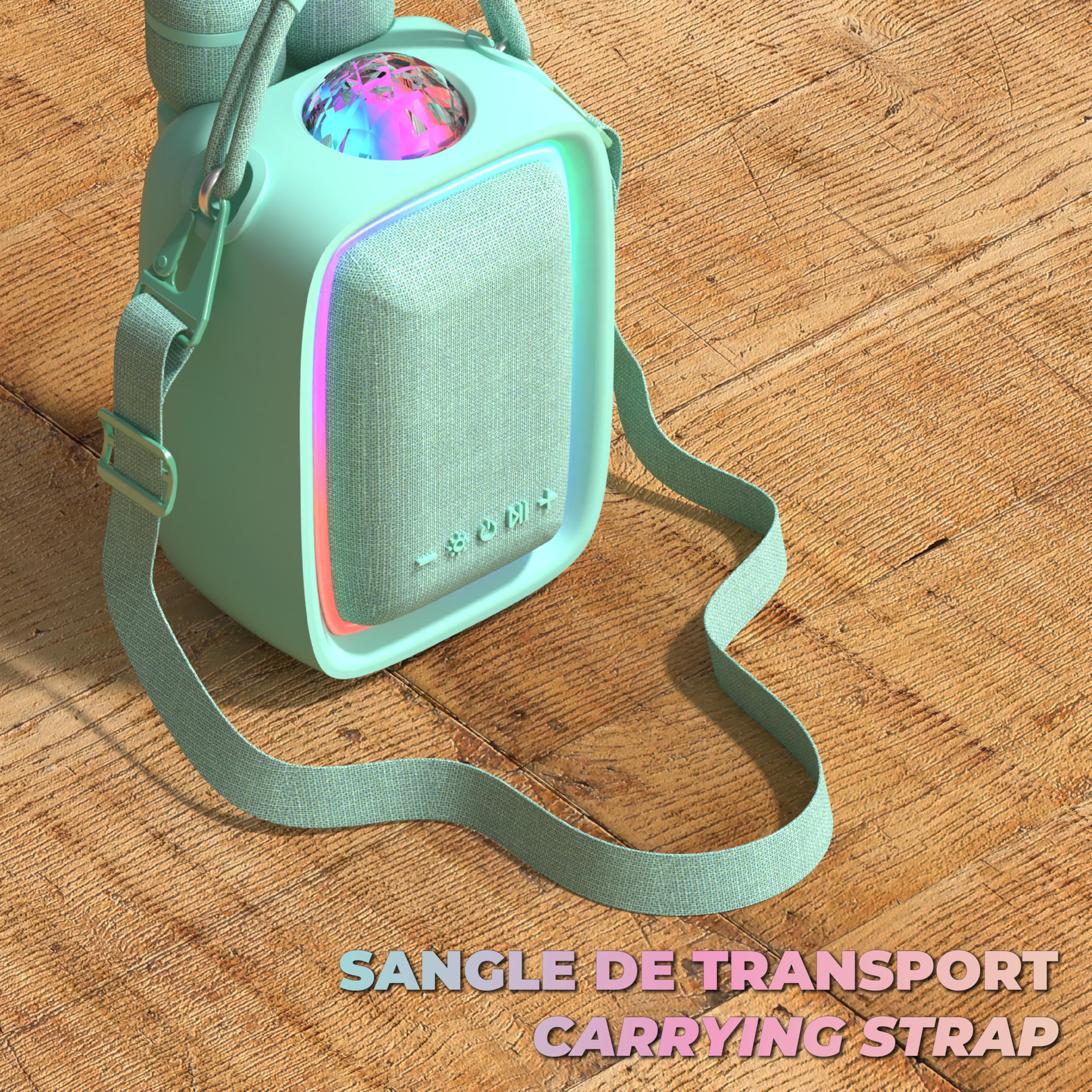 Mob - Singy Party Enceinte Karaoké Portable pour Enfant et Adulte - Projecteur Disco, 2 Micros sans Fil pour Chanter en Duo, Rechargeable USB-C, Carte SD - Idée Cadeau (Menthe)
