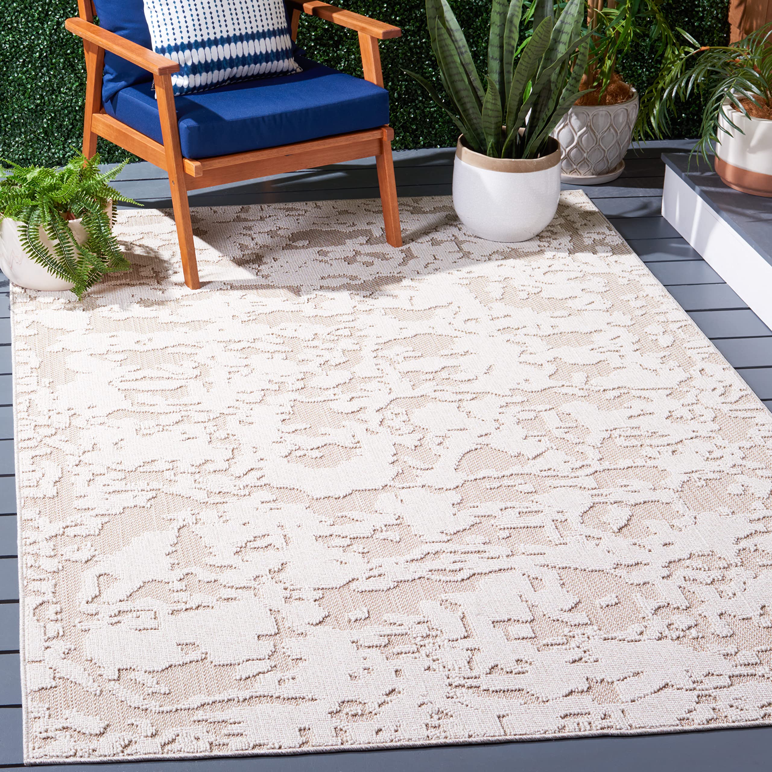 SAFAVIEH Global Collection Area Rug - 8' x 10', Beige & Light Beige, Design, Non-Shedding & Easy Care, Indoor/Outdoor & Washable-Ideal for Patio, Backyard, Mudroom (GLB224B)