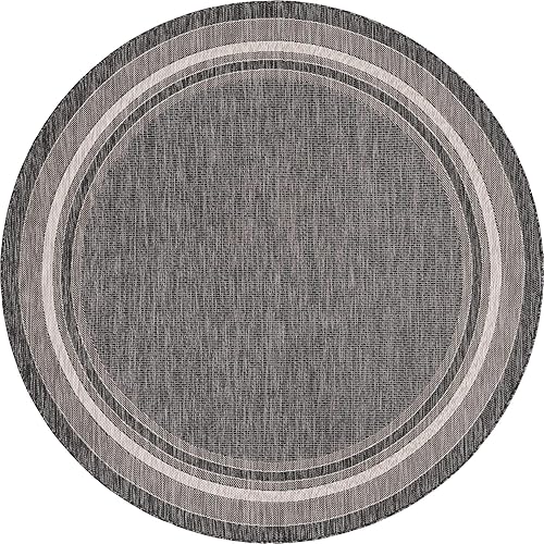Unique Loom - Colección Outdoor Border - Tapete para exteriores de borde suave - 5pies 3pulgadas, redondo, negromarfil