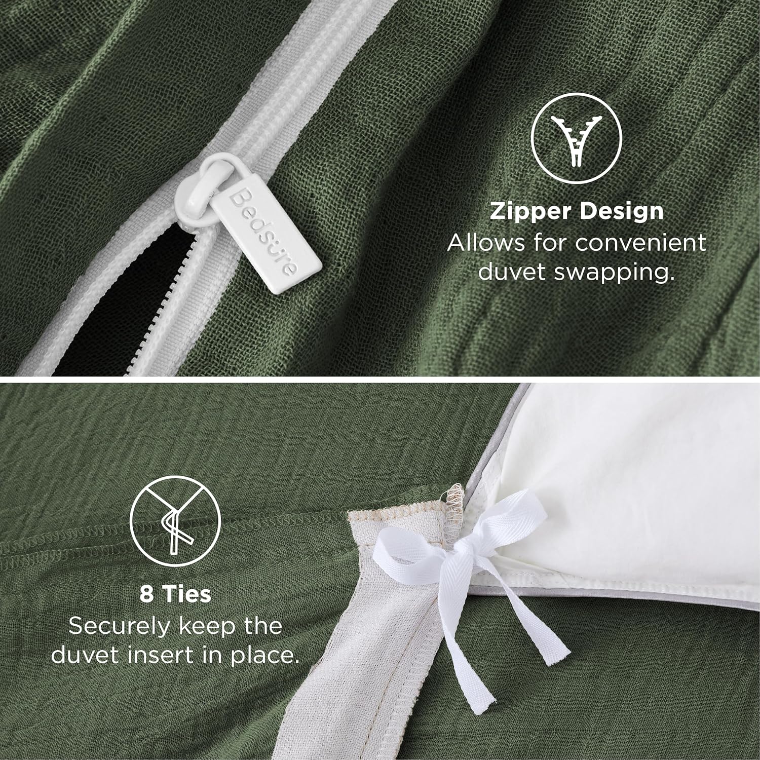 Bedsure Muslin Duvet Cover King Size - Cotton Blend Rayon Derived from Bamboo, Cooling Duvet Covet for Hot Sleepers - Ultra-Soft & Breathable Bedding Set for All Seasons(Olive Green, 104"x90") - Image 6