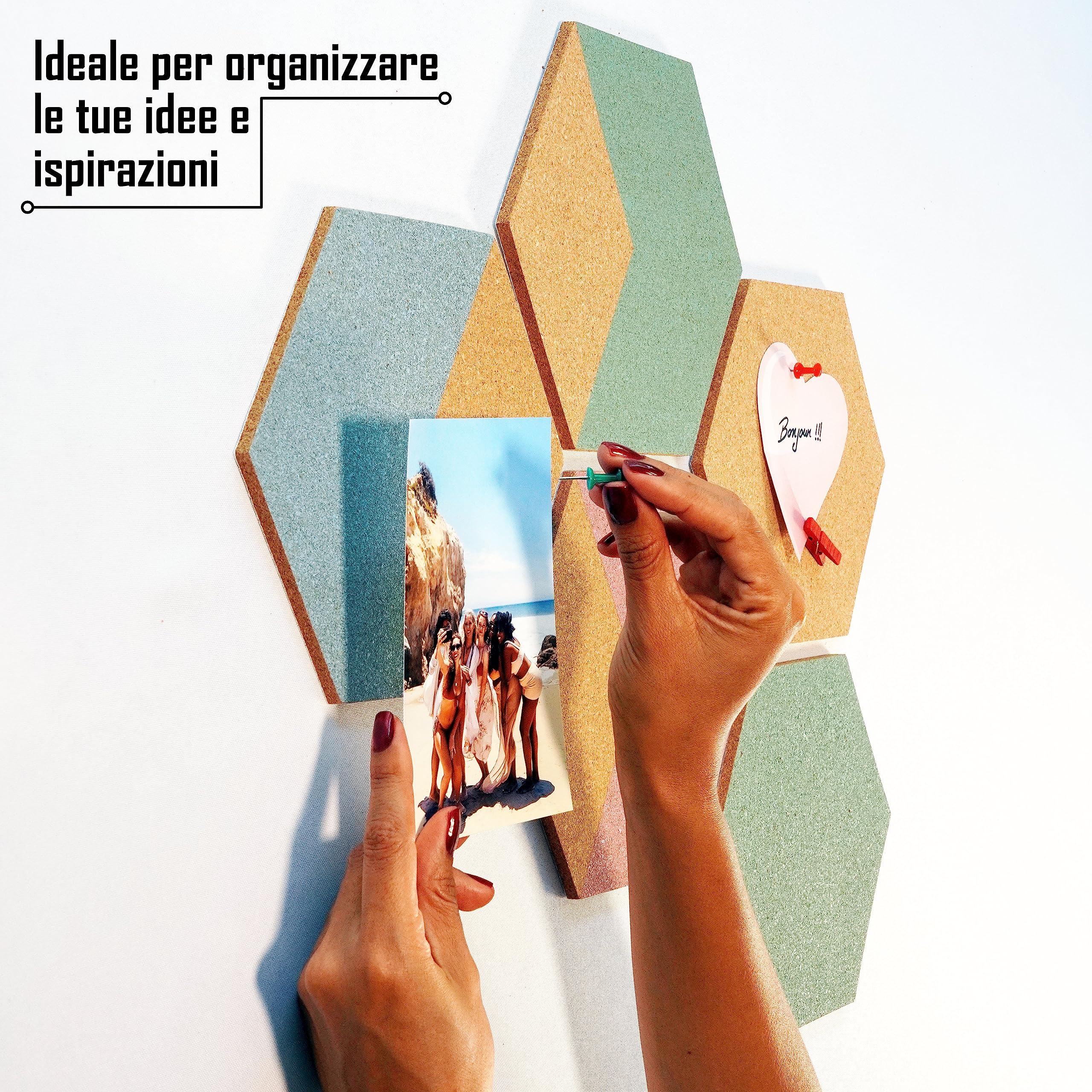 Pannello Esagonale in Sughero Adesivo per Decorazione Parete (5 Pezzi) - Quadro Decorativo Con Puntine e Pinze - Piastrelle in Vero Sughero per Moodboard