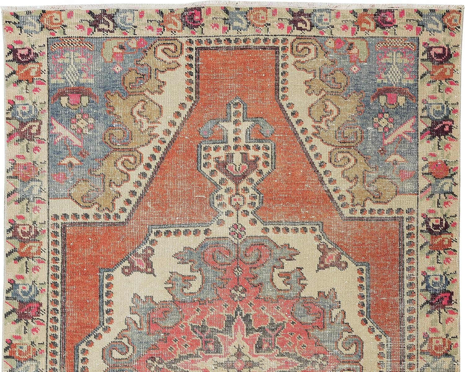 4.2x6.9 Ft Vintage Hand Knotted Turkish Wool Rug, One-of-a-Kind Geometric Carpet