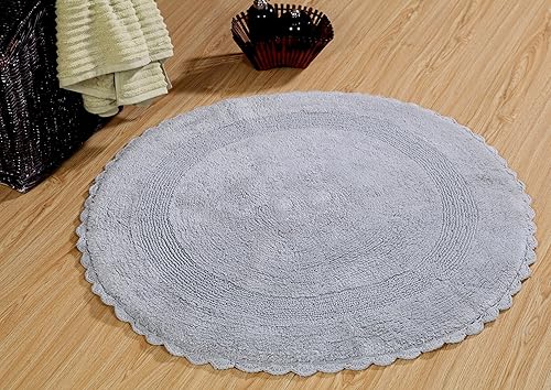 Alfombra de baño de algodón de 36 pulgadas, redonda, patrón reversible diferente en ambos lados, gris plateado, borde de encaje de ganchillo tejido