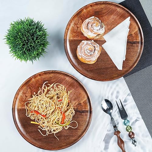 Miniatura 3 de Platos llanos de madera de mango, juego de 2 platos redondos para servir, bandeja para servir queso y café, platos de frutas para cena de fiesta,
