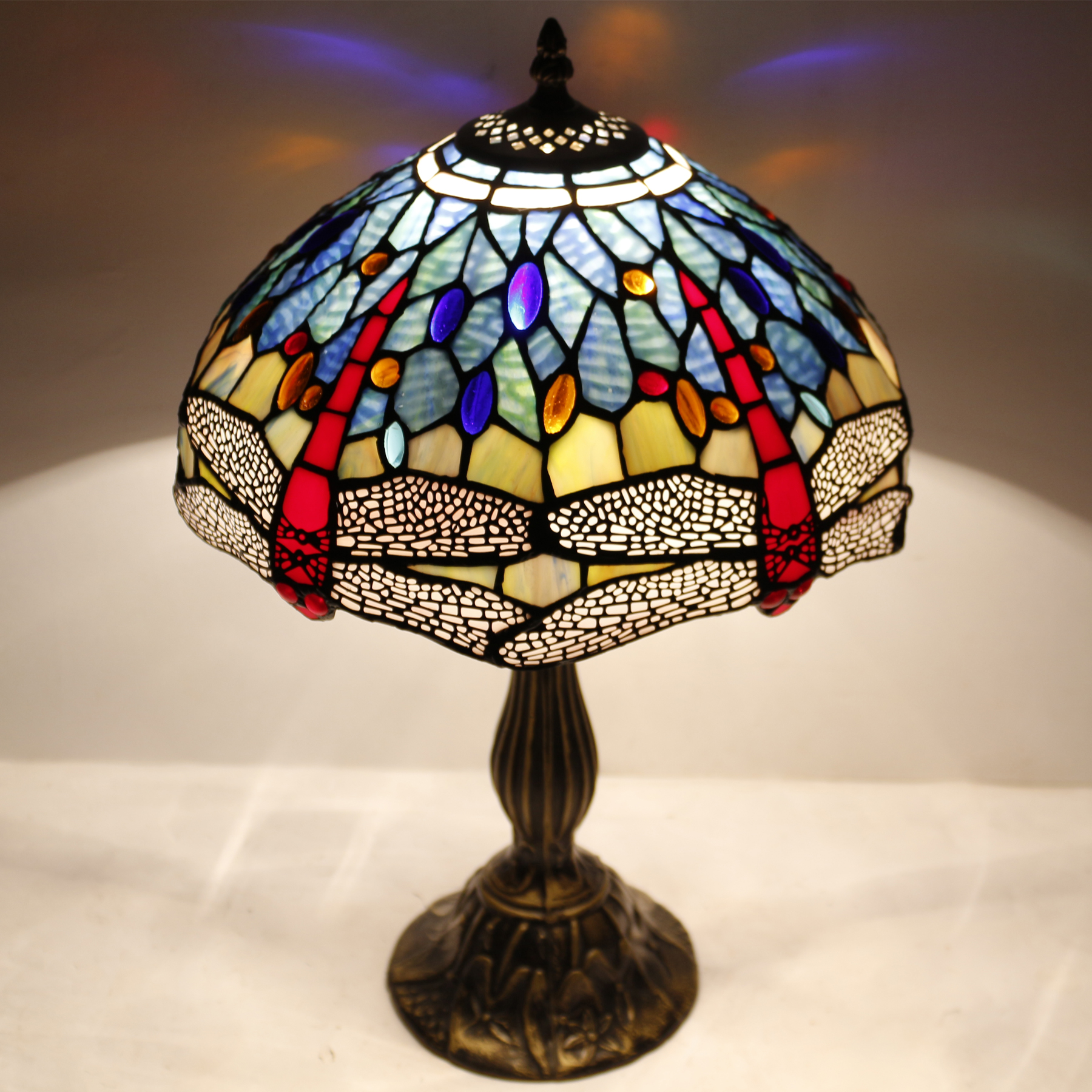 Image of WERFACTORY Tiffany Lamp Blue Red Stained Glass Dragonfly Style Bedside Table Lamp