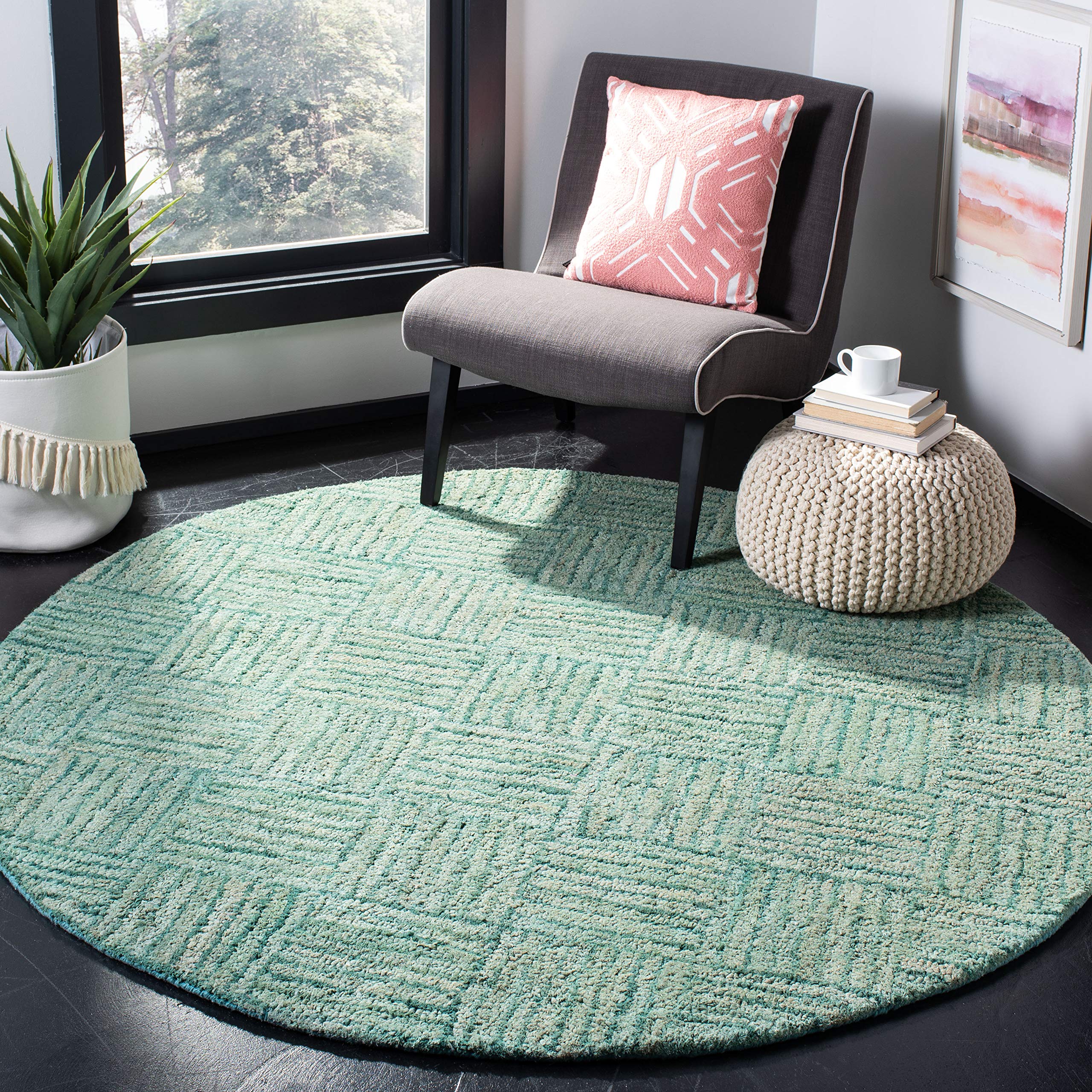 SAFAVIEH Nantucket Collection 4' Round Green/Multi NAN316A Handmade Cotton Area Rug