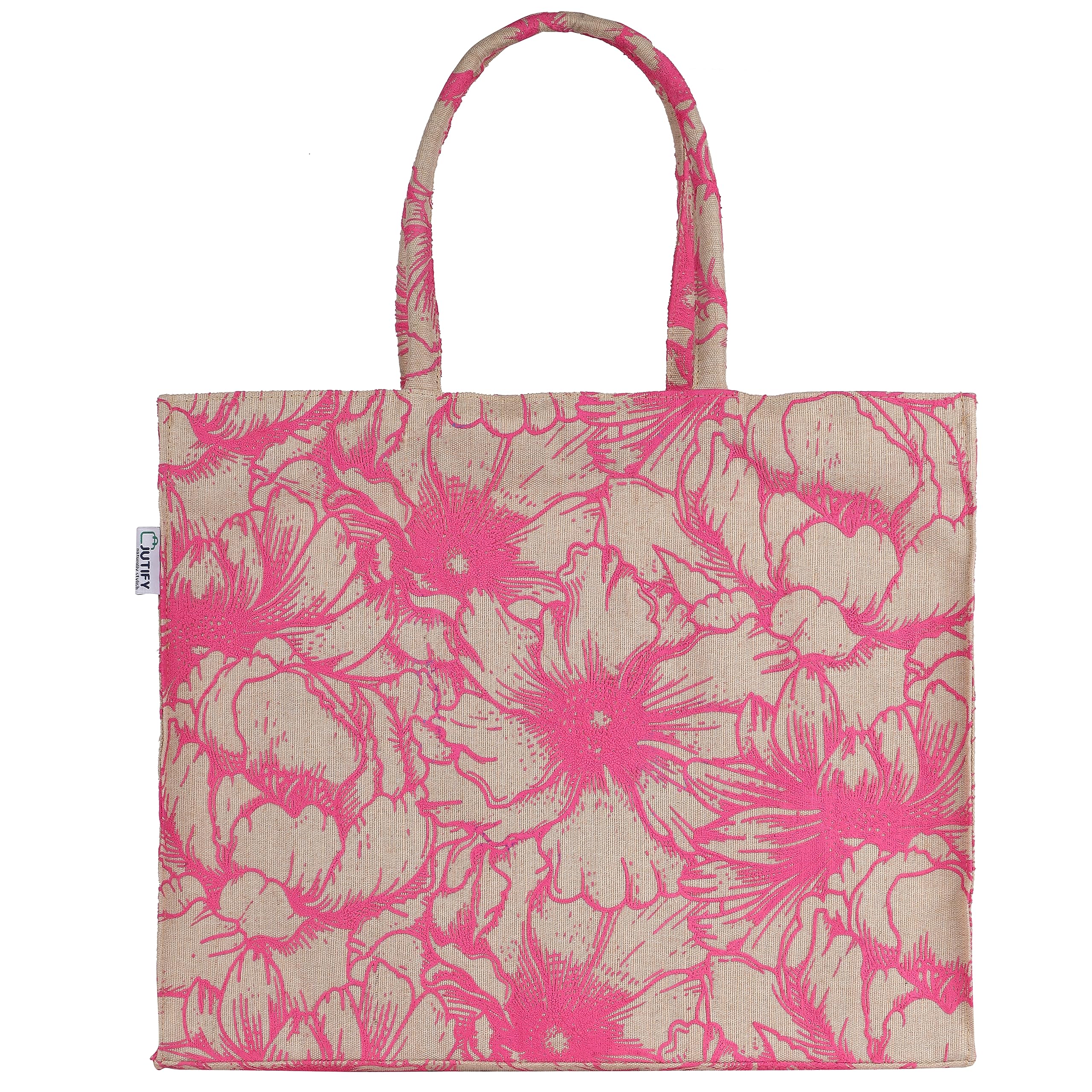 JUTIFY Eco-Friendly Printed Unisex Juco Shopping Bag, Women's Tote Bag | Spacious, Stylish, Sturdy Handbag |For Daily and Office Use|CHIC.GREEN.FUN : PINK FLORAL (42cm X 34cm X 18cm)