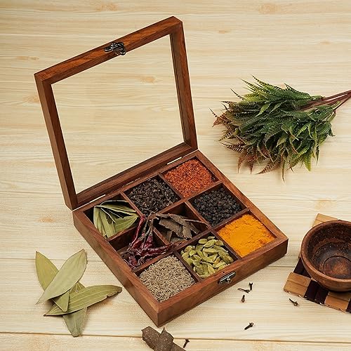 Miniatura 3 de Ajuny Caja de especias de madera de 8 x 8 pulgadas, organizador decorativo de Masala Dabba con tapa de vidrio, 9 compartimentos fijos y cuchara,