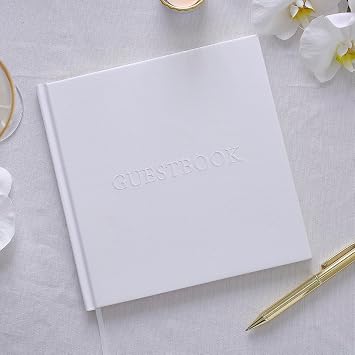 Ginger Ray White Embossed Wedding Guest Book with 32 Gold-edged Pages & White Ribbon Bookmark