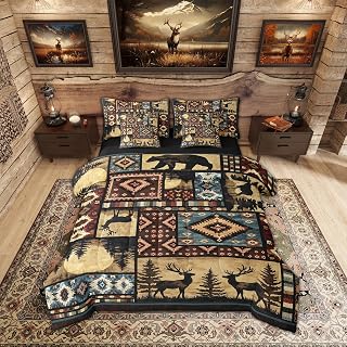 Erosebridal Rustic Bear 7 Piece Comforter Set Queen Bed in a Bag,Buffalo Plaid Grid Bedding,Hunting Deer Farmhouse Cabin Decor Quilt,Retro Southwest Aztec Bed Set,Tribal Sheets,Brown Red