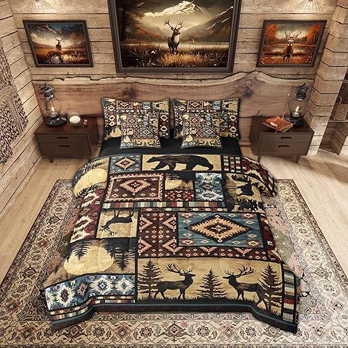 Erosebridal Rustic Bear 7 Piece Comforter Set Twin Bed in a Bag,Buffalo Plaid Grid Bedding,Hunting Deer Farmhouse Cabin Decor Quilt,Retro Southwest Aztec Bed Set,Tribal Sheets,Brown Red