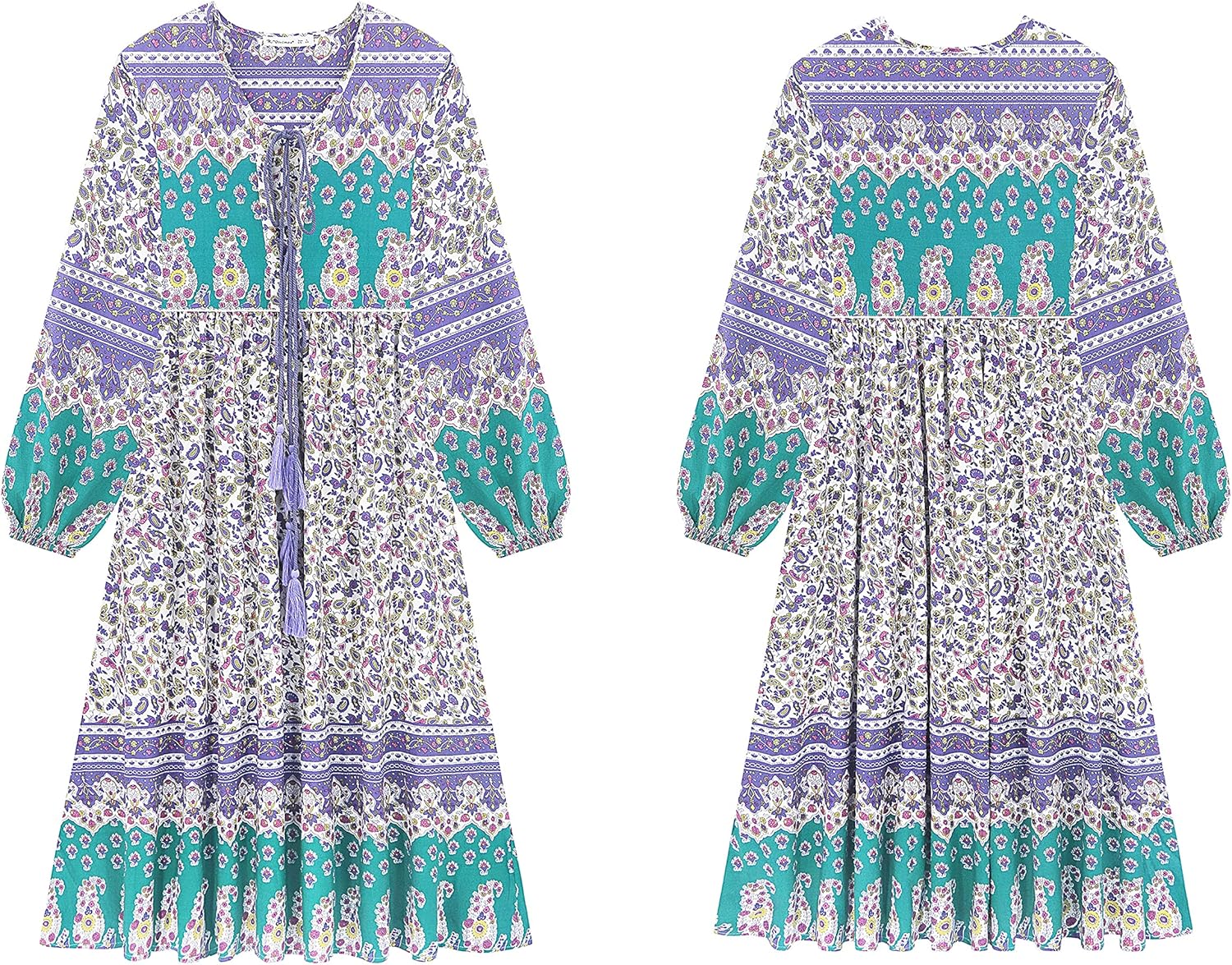 R.Vivimos Women's Long Sleeves Floral Print Retro V Neck Tassel Casual Bohemian Midi Dresses - Image 6