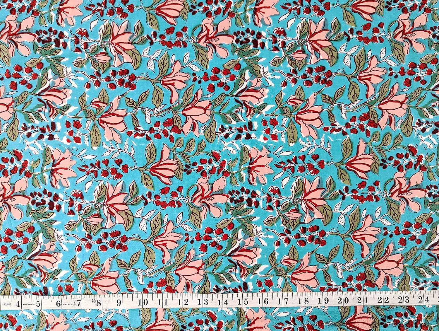 AVKA Studio Hand Block Print Fabric by The Yard - PRECUT 3 Yard 42 Inch Width - 100% Cotton Material - Turquoise Blue Floral Pattern - Light Weight Indian Cloth for Making Summer Dress Indian Fabric