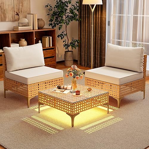 Miniatura 2 de YITAHOME Juego de muebles de mimbre para patio, sofá modular de 3 piezas para exteriores con mesa de luz solar, sofá para exteriores con cojines