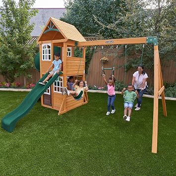 KidKraft Serpentine Falls Wooden Swing Set/Playset with Clubhouse, Mailbox, Slide and Play Kitchen