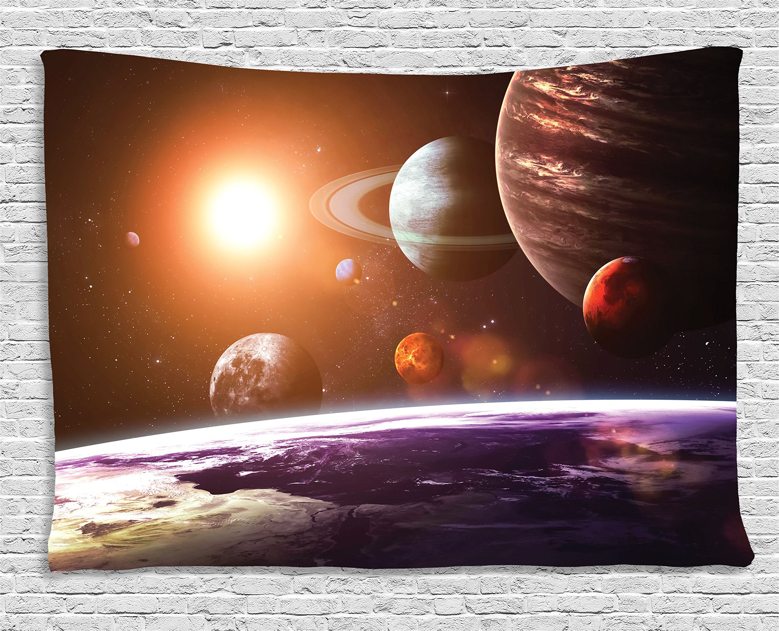Ambesonne Galaxy Tapestry, Space Theme View of the Planets from Earth Science Room Art with Sun and Moon, Wide Wall Hanging for Bedroom Living Room Dorm, 80" X 60", Magenta Orange