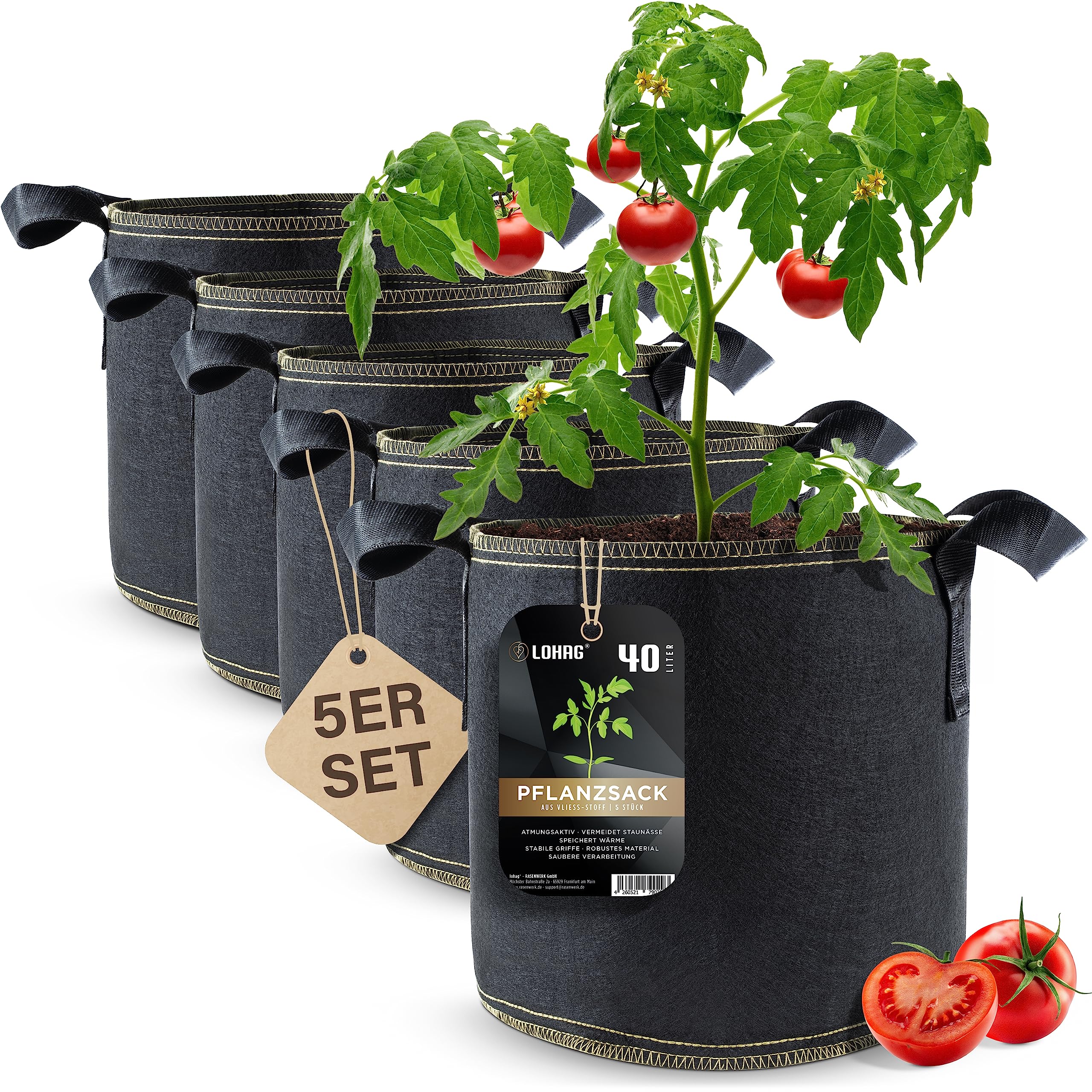 Sac de plantation non-tissé DIYer® - Sac de plantation de pommes de terre, tomates, herbes, fleurs, plantes - L'alternative saine pour balcon, jardin et terrasse 10 GallonenB 5er Pack