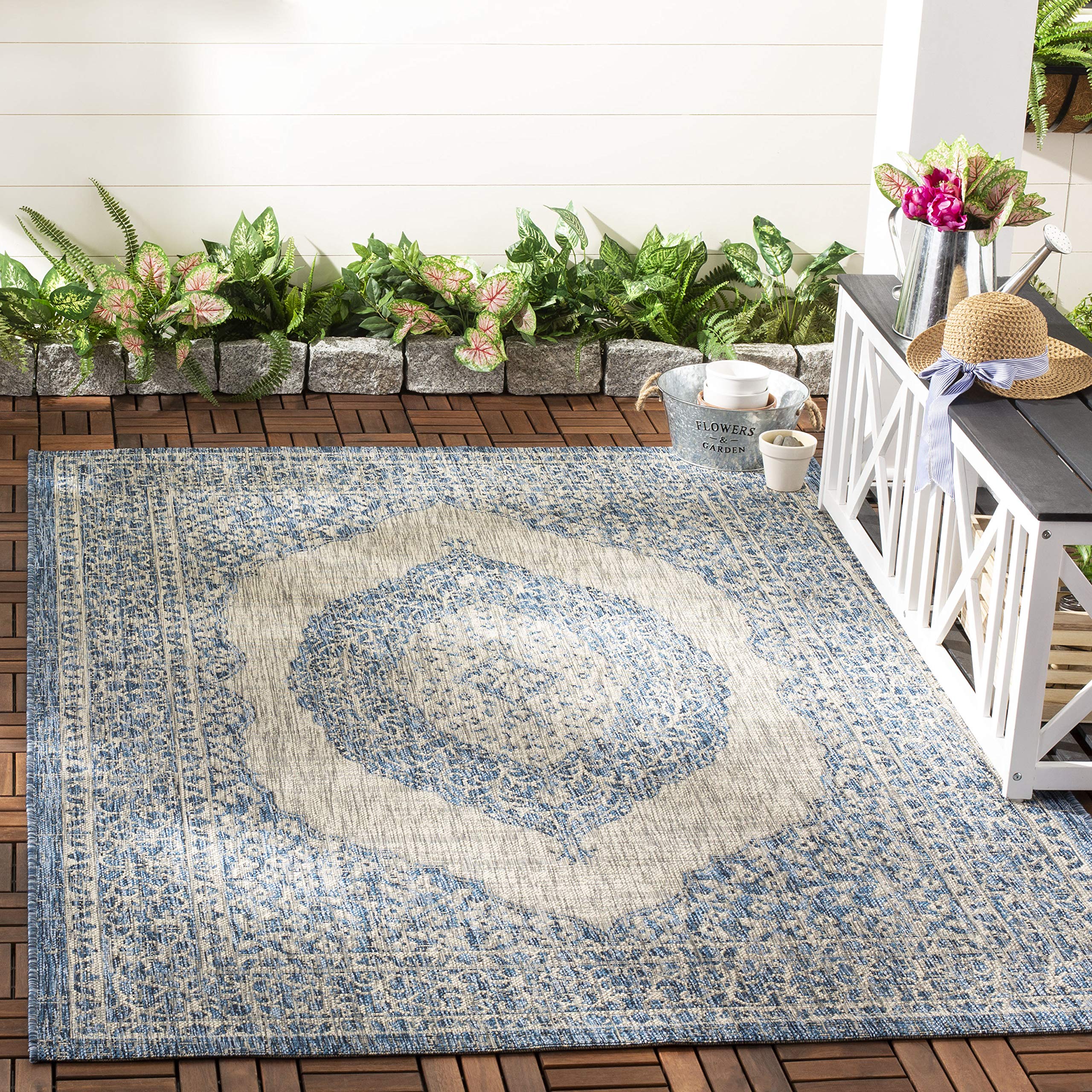 SAFAVIEH Courtyard Collection Accent Rug - 2'7" x 5', Light Grey & Blue, Non-Shedding & Easy Care, Indoor/Outdoor & Washable-Ideal for Patio,