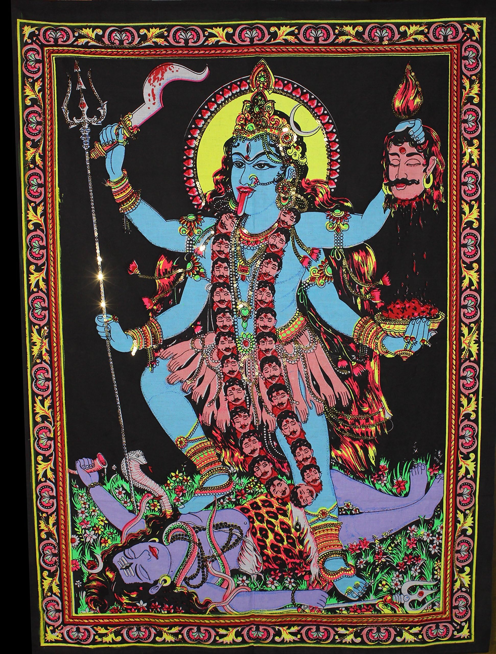 Lungta Imports Indian Goddess Wall Decor, Huge Cotton Fabric Goddess Kali 43" X 30" Tapestry