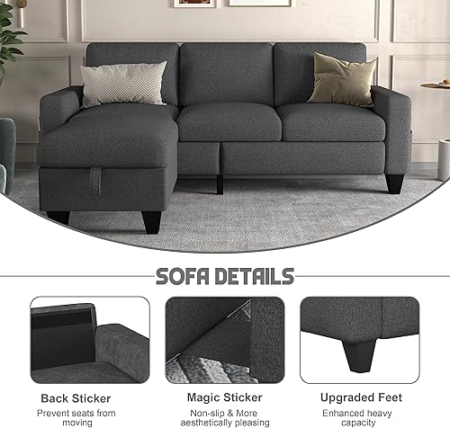 Miniatura 4 de ZeeFu Sofá modular convertible, tela de lino gris oscuro, moderno 3 asientos tapizado en forma de L con almacenamiento reversible otomano y