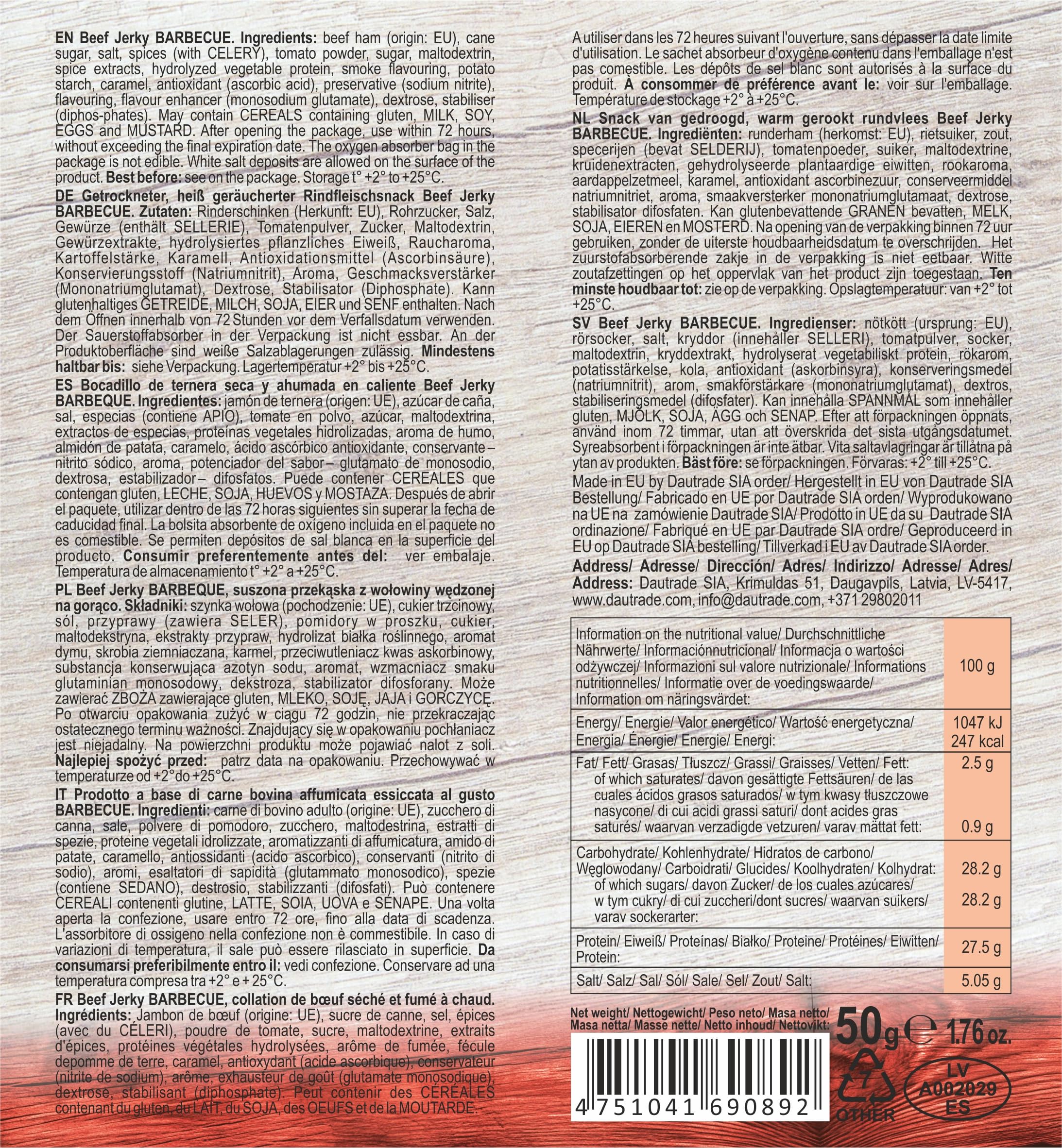 Viking Bites Beef Jerky Mixed box 400 g (8 x 50 g) – 3x Barbecue, 3x Teriyaki, 2x Jalapeno – Manzo essiccato – Snack a base di carne con alto contenuto proteico