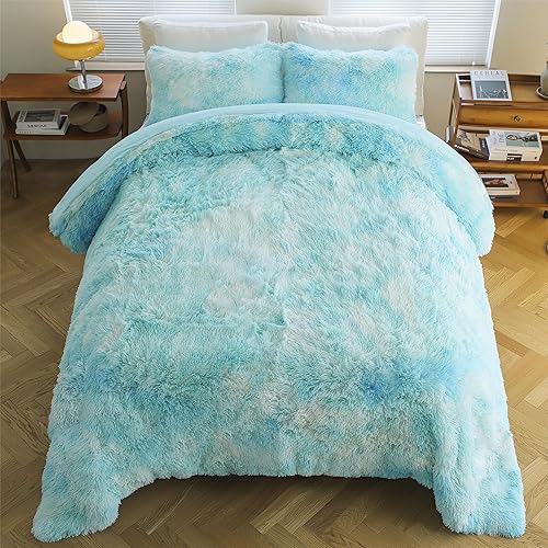 Syalife Juego de ropa de cama de felpa esponjosa, juego de edredón suave y lanudo tamaño Queen, juego de funda de edredón de pelo sintético teñido
