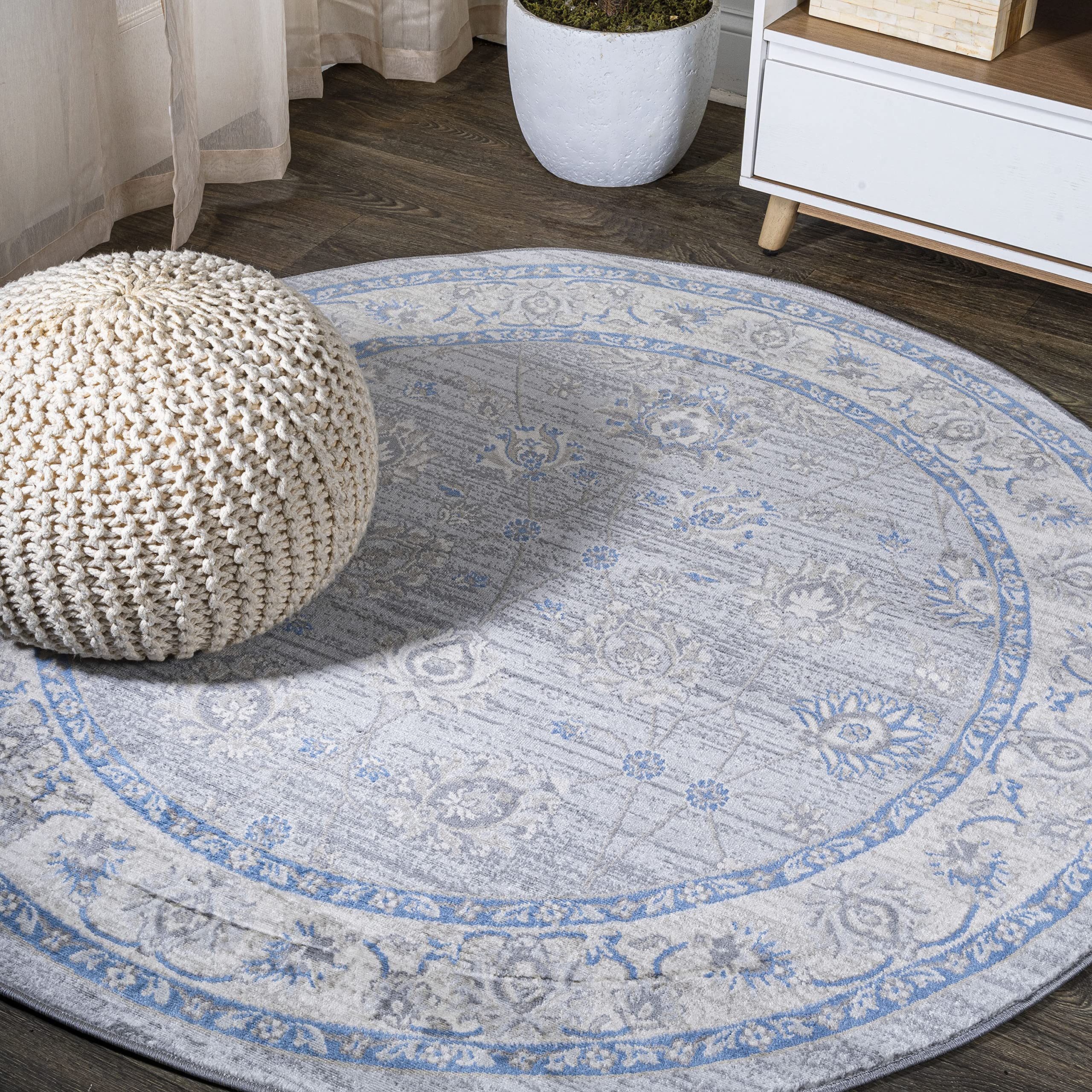 JONATHAN Y Modern Vintage Moroccan Traditional Gray/Blue 5' Round Indoor Area Rug, Country, Floral, Easy-Cleaning for Living Room, Bedroom, Kitchen, Pet Friendly, Non-Shedding (MDP101G-5R)