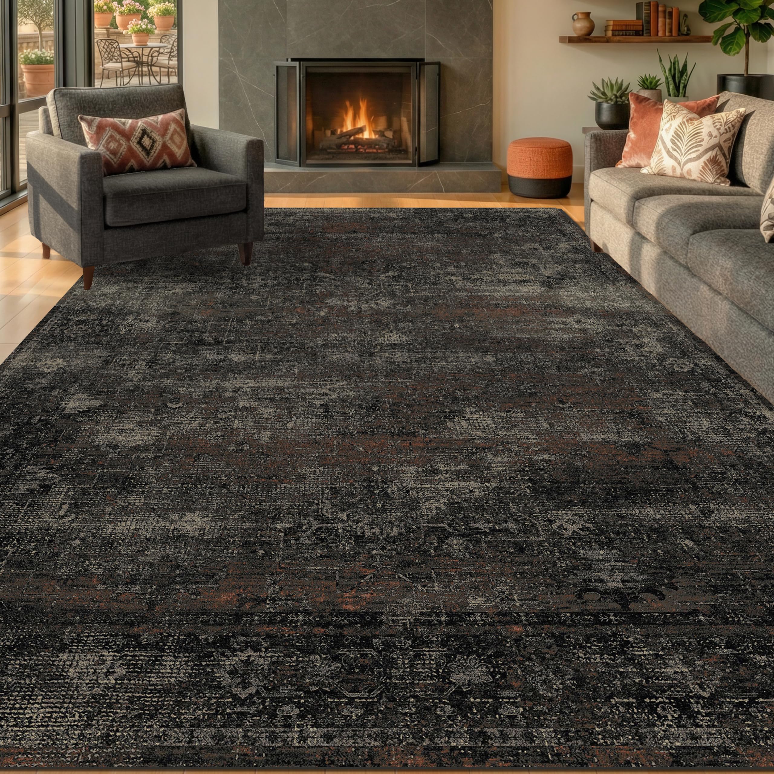 Photo 1 of TALANOVA Modern Farmhouse Black 6x9 Area Rug for Living Room & Dining Room, Abstract Washable Non Slip Low Pile Rug for Bedroom & Office, Dark Charcoal Stain Resistant Décor