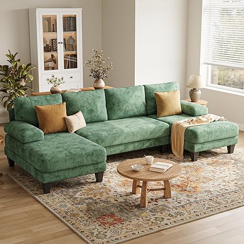 U-Shaped Sectional Couches for Living Room | 112 Inch Sectionals Couch | Green Cheille Sofa with Double Chaise for Apartment