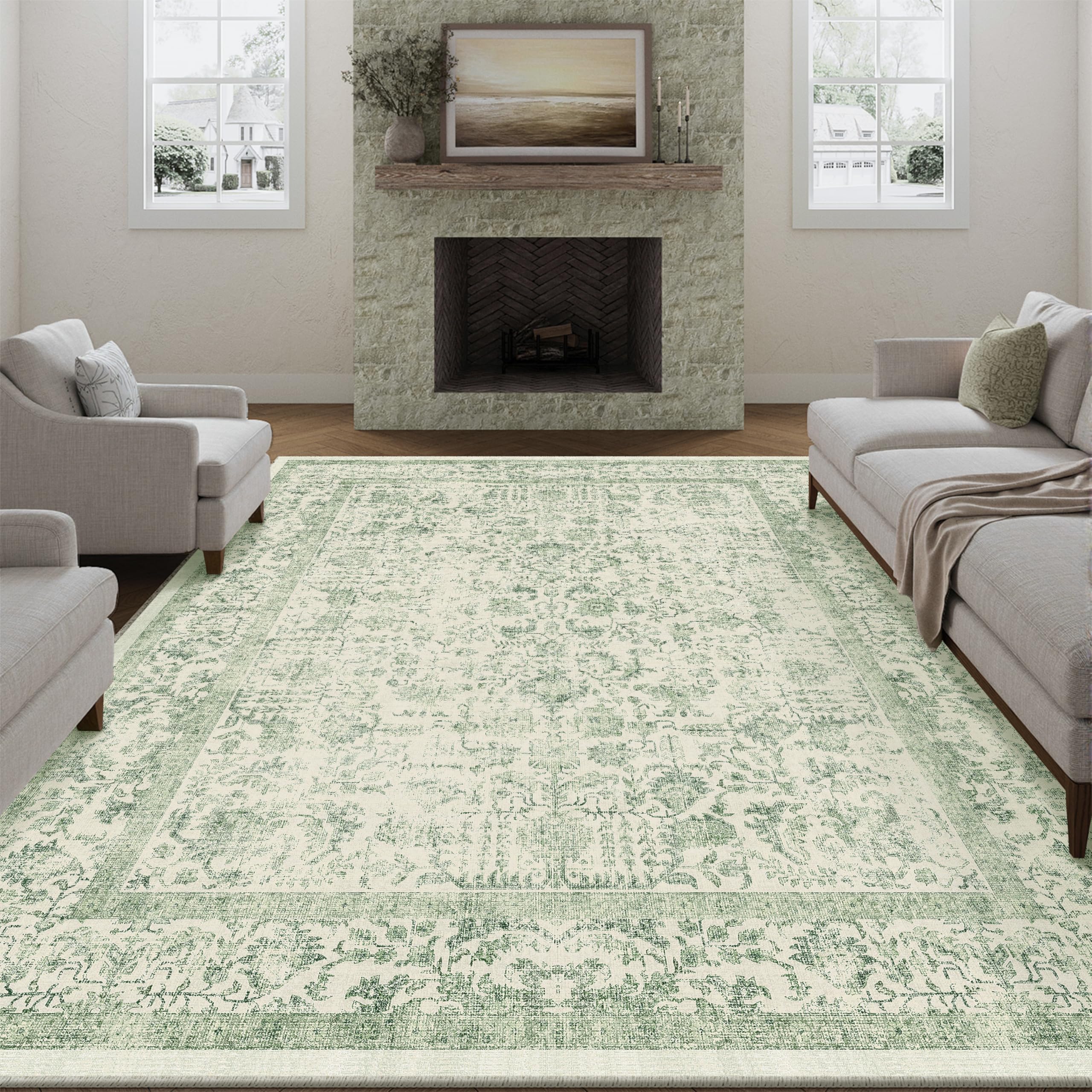 HUGEAR Vintage Tappeto Salotto Verde Tappeti 240x300cm Soggiorno Antiscivolo Lavabile in Lavatrice Tapette Camera da Letto Sala Ufficio Bambina Bambino Pelo Corto Grande Carpet