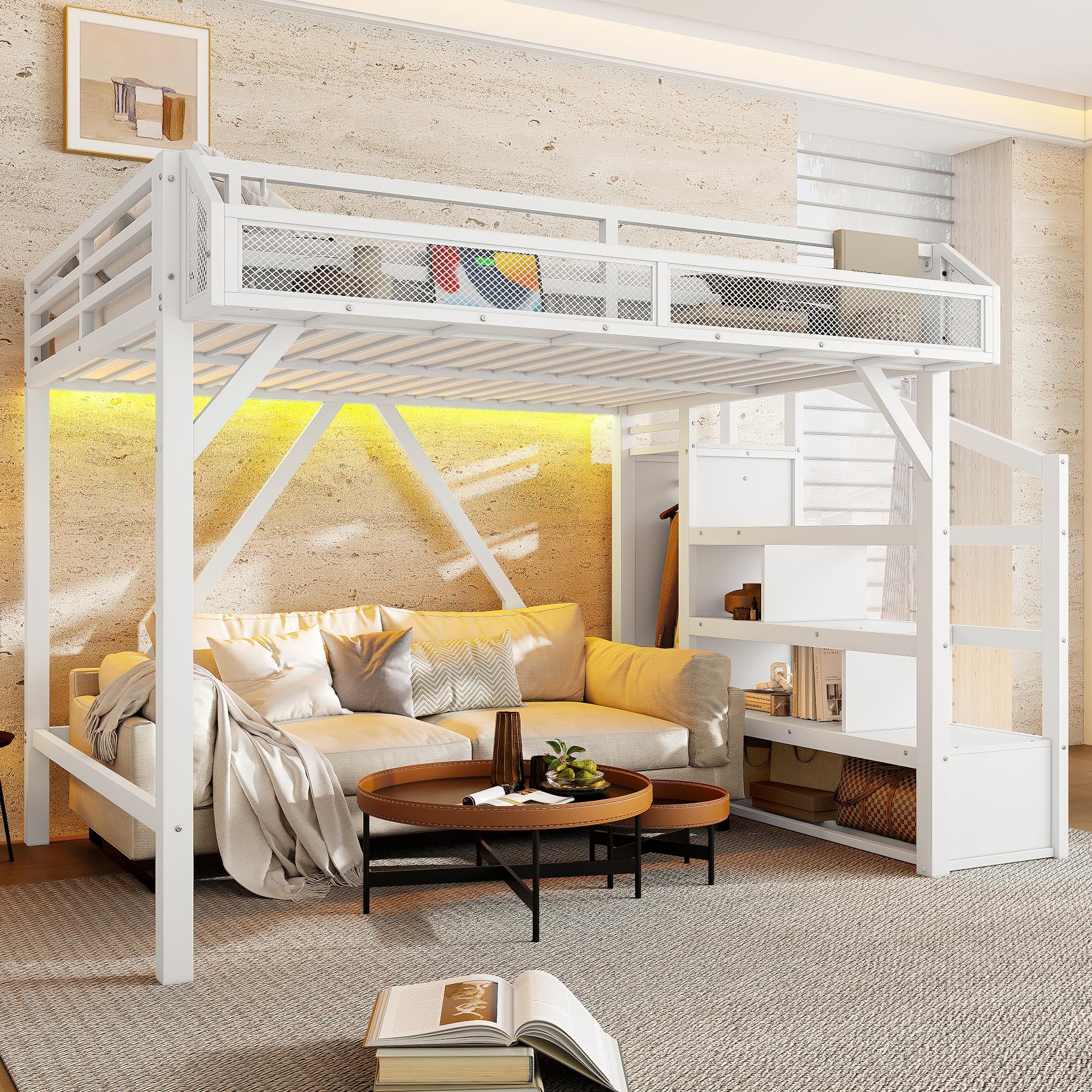 Bellemave Metal Full Size Loft Bed with Stairs and Wardrobe,Heavy Duty Loft Bed Frame with LED Lights and Charging Station for for Kids,Teens,Adults,