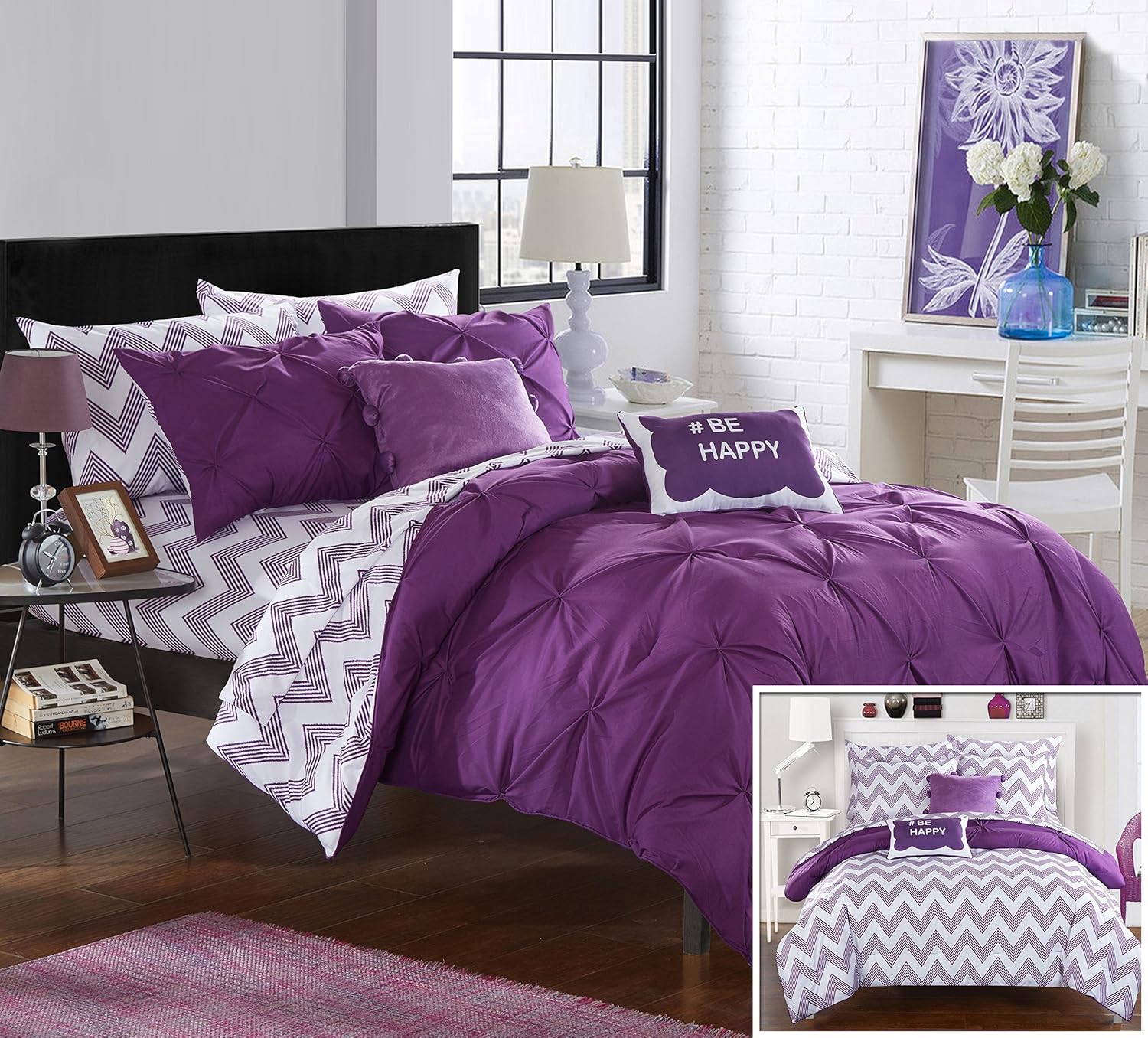 Chic Home Purple Reversible Bed in a Bag Comforter Set, Full Size (9 Piece), Louisville - Microfiber Bedding - Comforter, Pillow Shams, Fitted & Flat Sheets, Pillowcases and Decorative Pillows