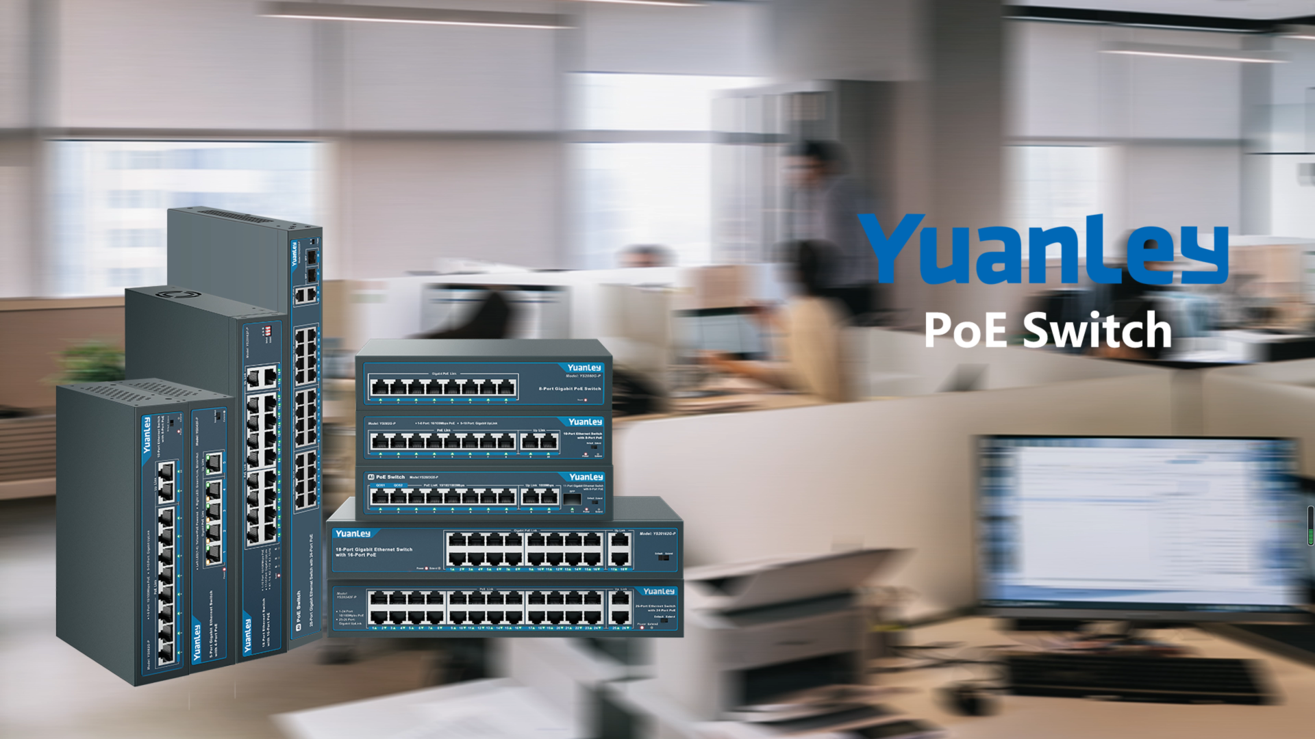 Switch PoE 18 Ports Gigabit YuanLey - 16 Ports PoE+ 250W, 2 Uplinks, Non Géré, Rackable, Protection Foudre 6kV, Pour Caméras Et Réseau Professionnel