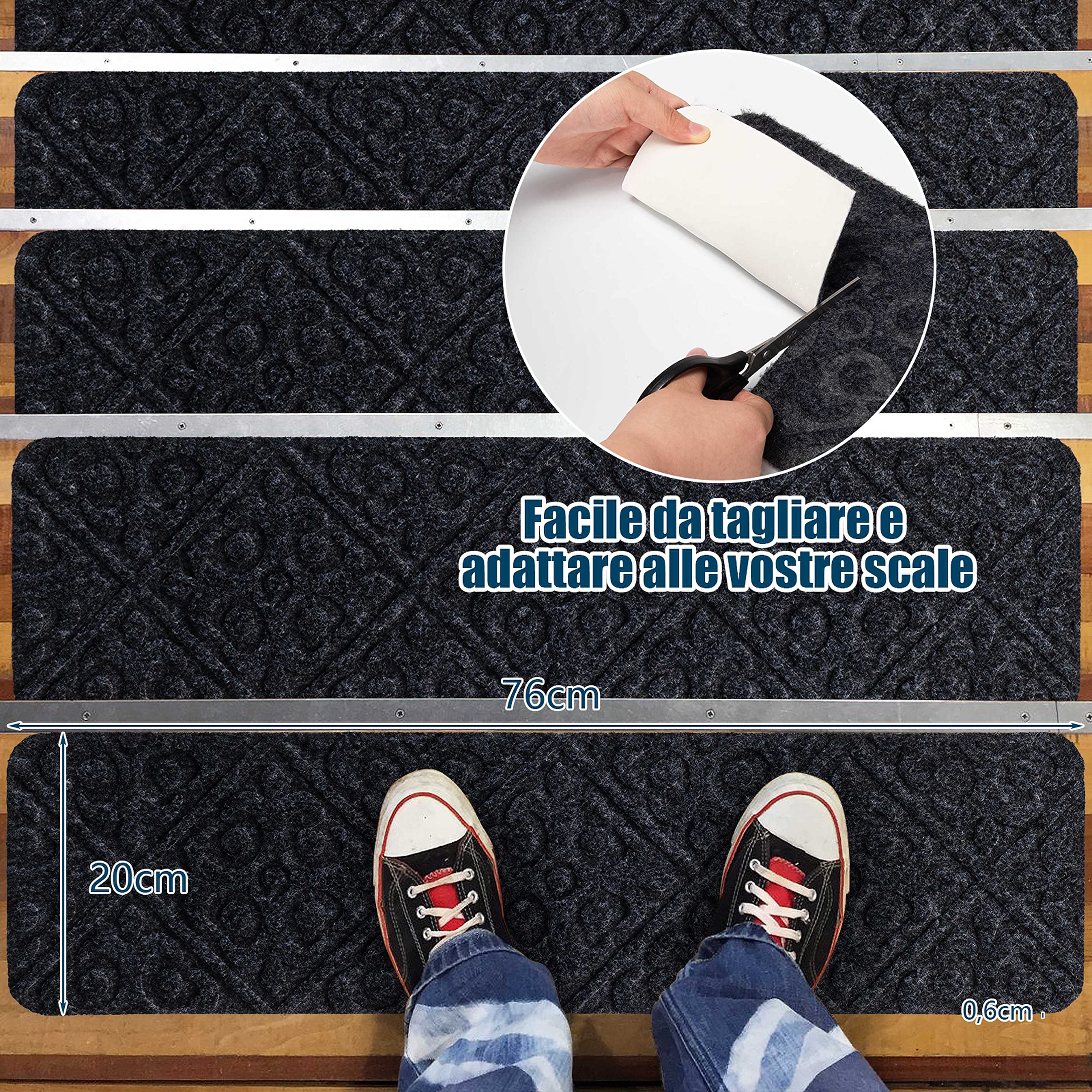 COSTWAY 15 Tappetini Antiscivolo per Scale 76 x 20 cm, Tappeti Antiscivolo per Gradini di Scale di Legno da Interno, Tappetini Impermeabili per Scale per Bambini, Anziani e Animali (Grigio)