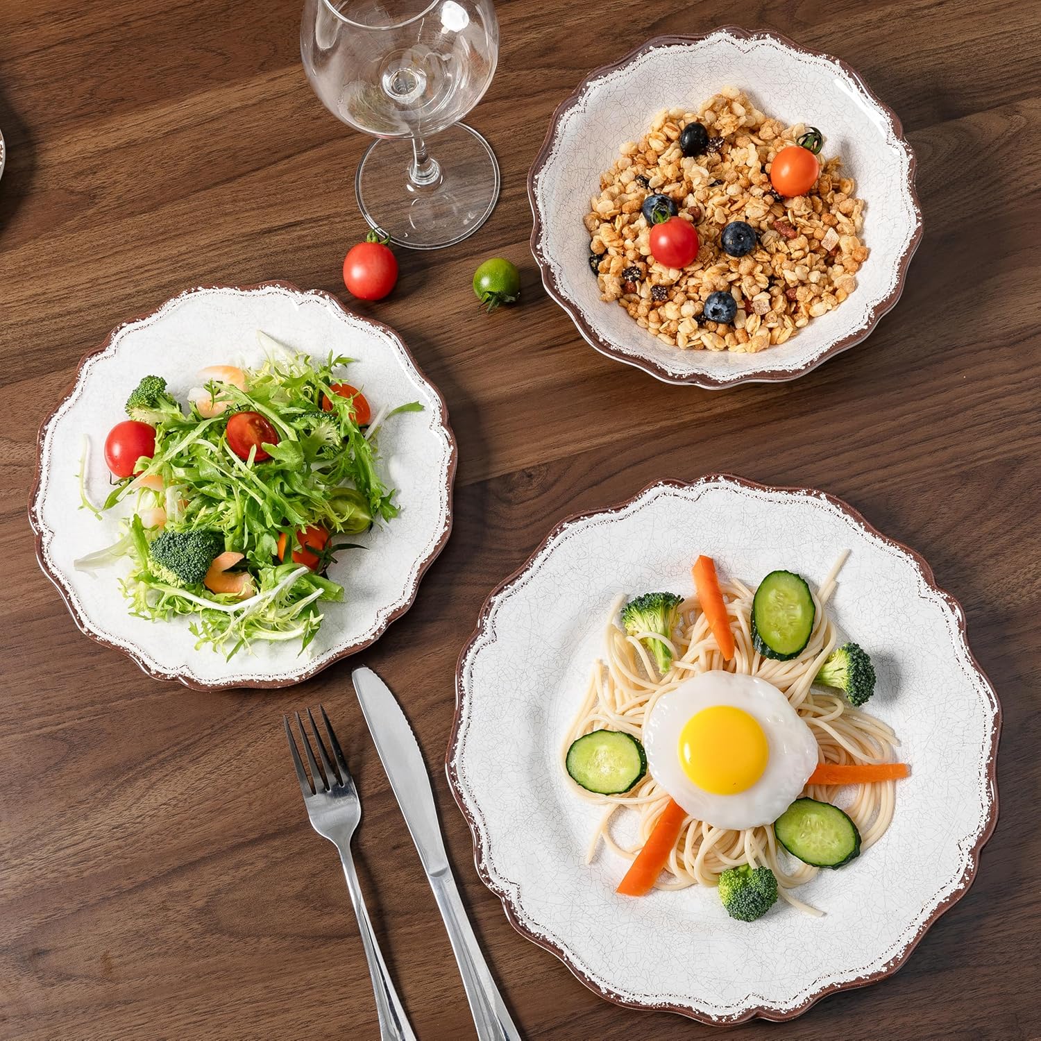 LEHAHA Farmhouse White Melamine Dinnerware Sets, 12 Piece Plates and Bowls Set, Perfect Weight and Unbreakable Camping Dishes Dinnerware Sets, Service for 4, Indoor and Outdoor Use, Dishwasher Safe