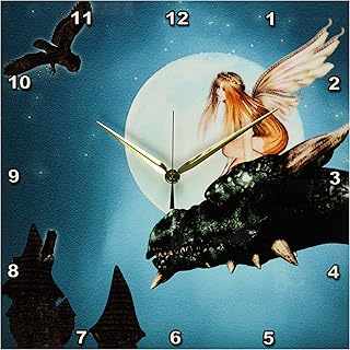 3dRose DPP_25967_2 Fairy Dragon Fantasy with Moon and Owls-Wall Clock, 13 by 13-Inch