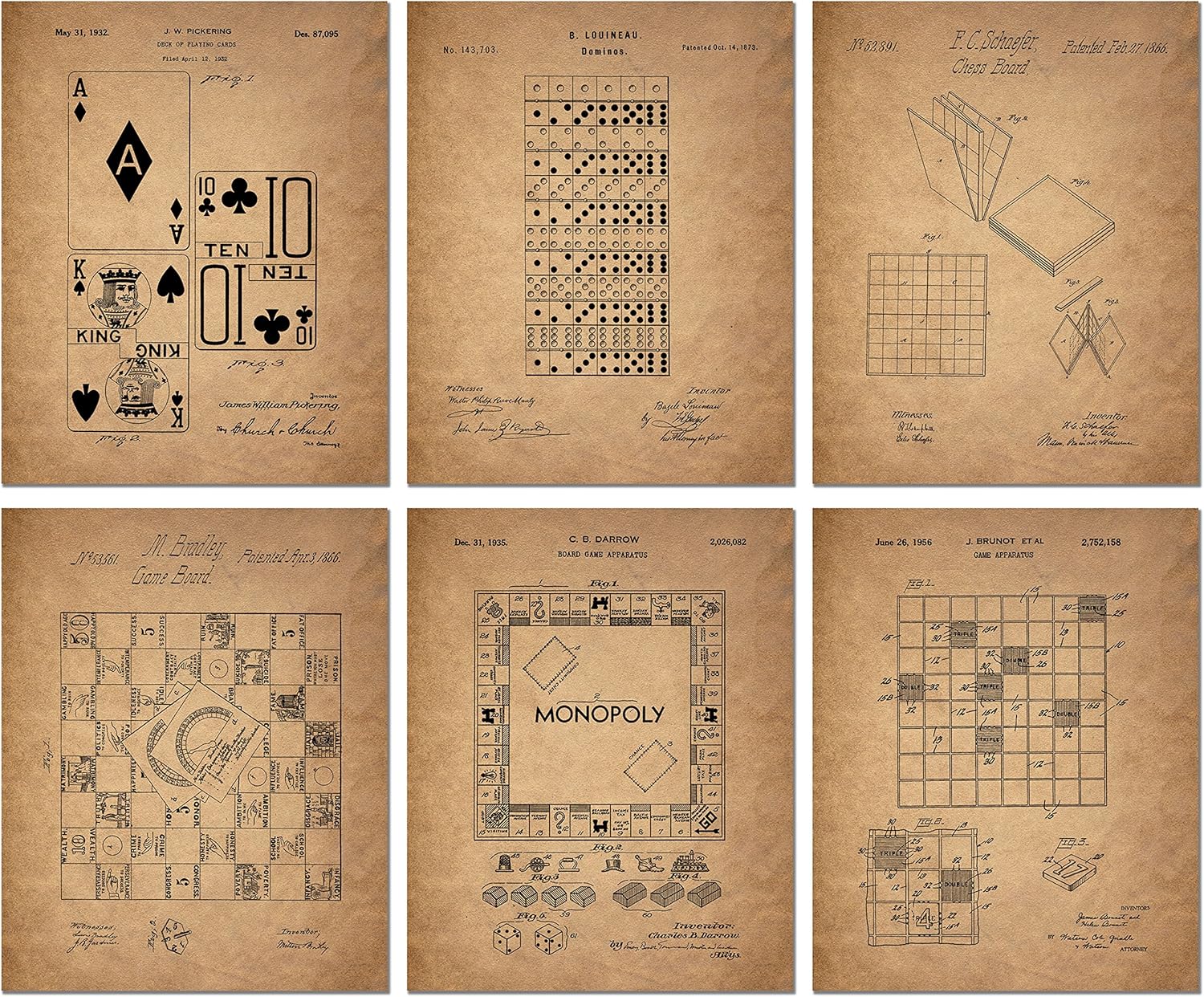 Board Games Patent Wall Art Prints Set of 6 Vintage